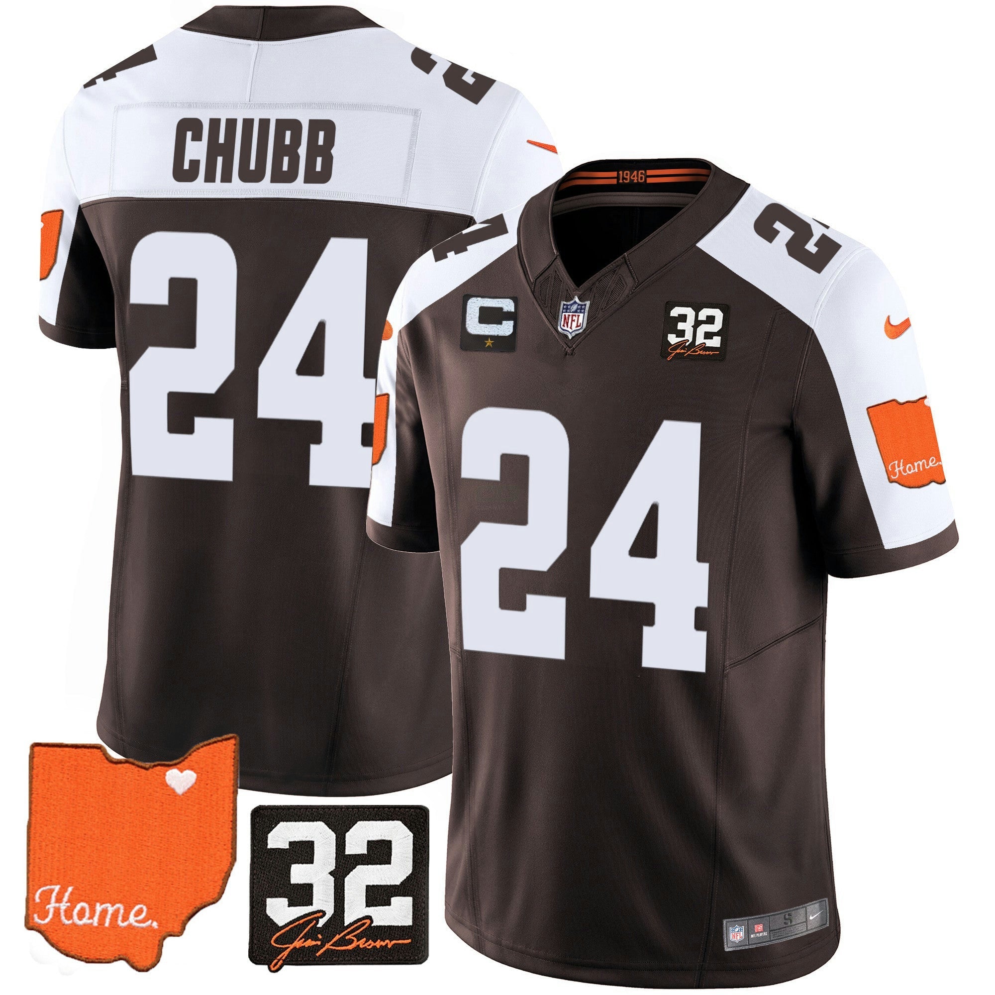 Camisa NFL Men’s #32 Jim Brown Memorial & Home Patch Jersey V2