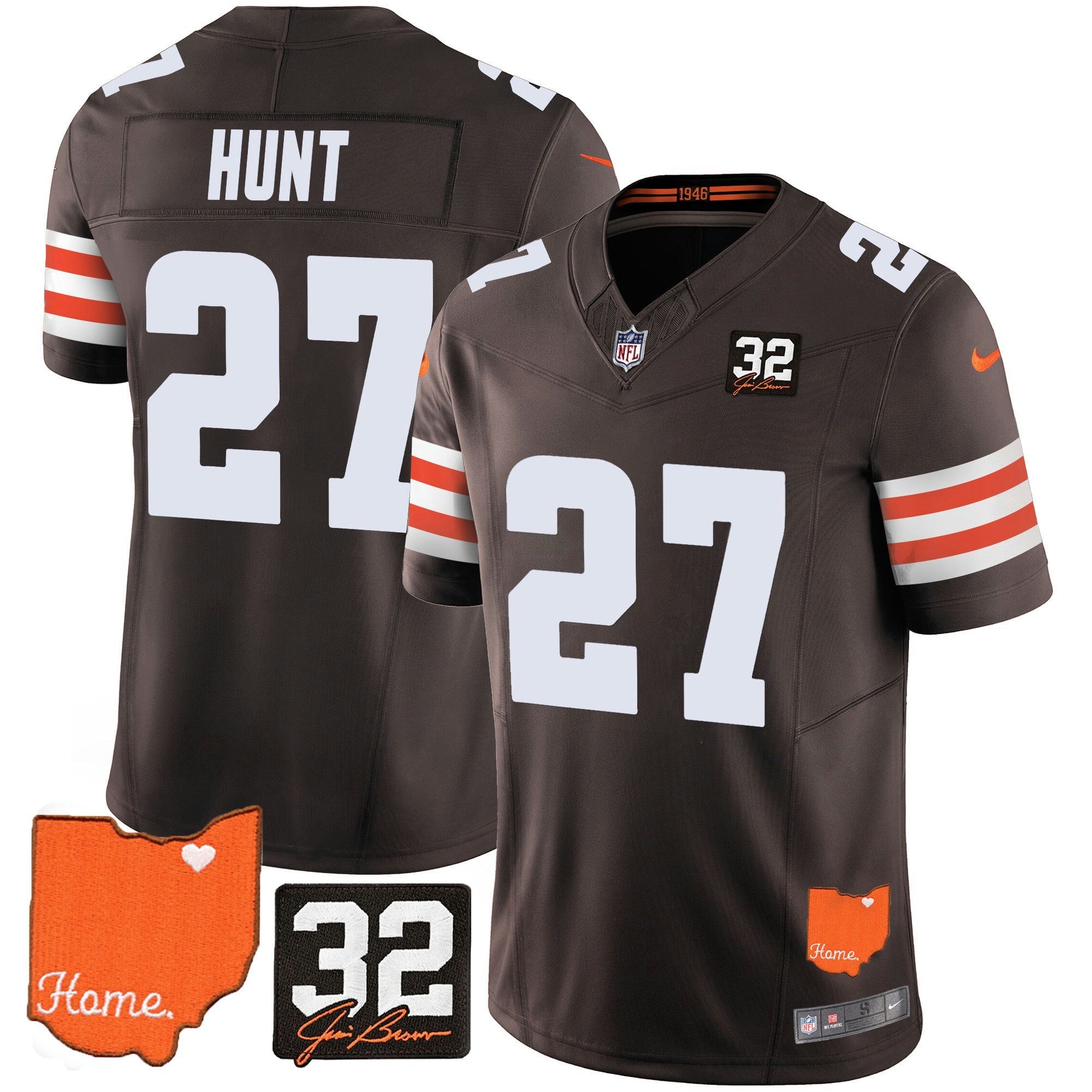 Camisa NFL Men’s #32 Jim Brown Memorial & Home Patch Jersey V2