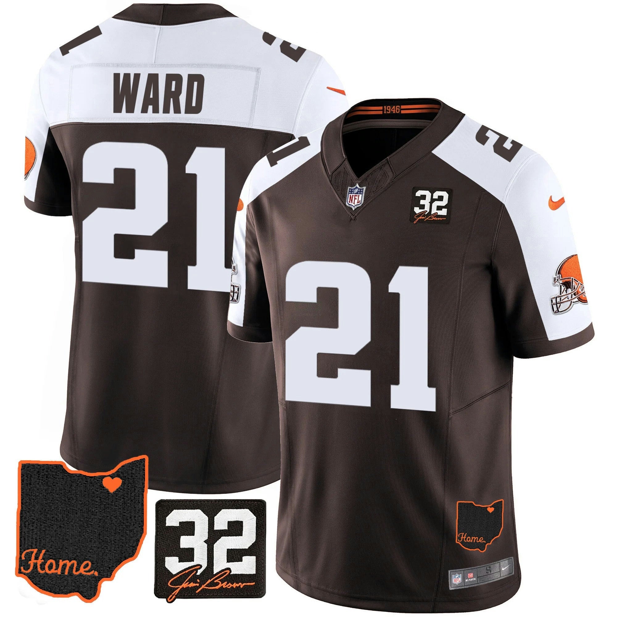 Camisa NFL Men’s #32 Jim Brown Memorial & Home Patch Jersey V3