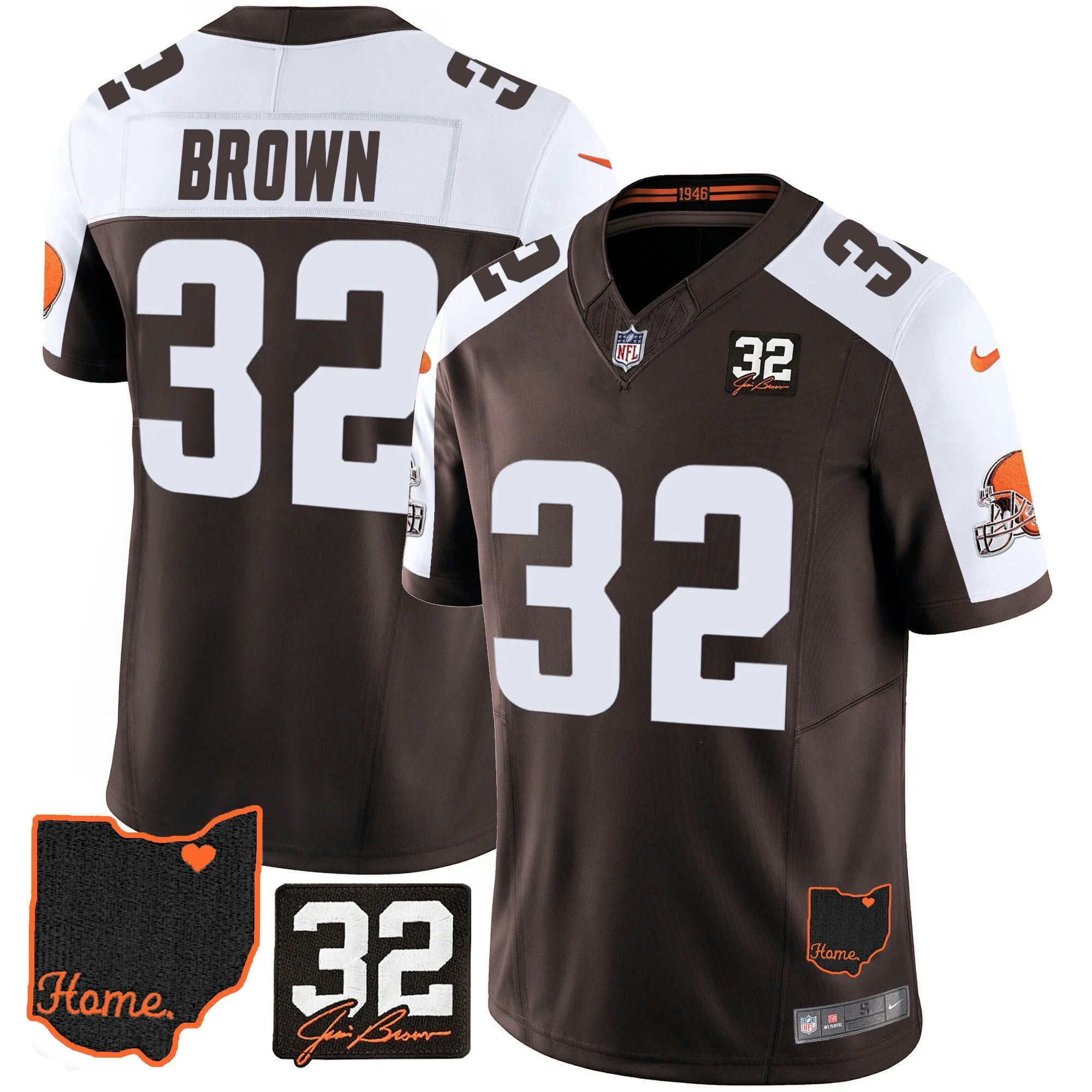 Camisa NFL Men’s #32 Jim Brown Memorial & Home Patch Jersey V3