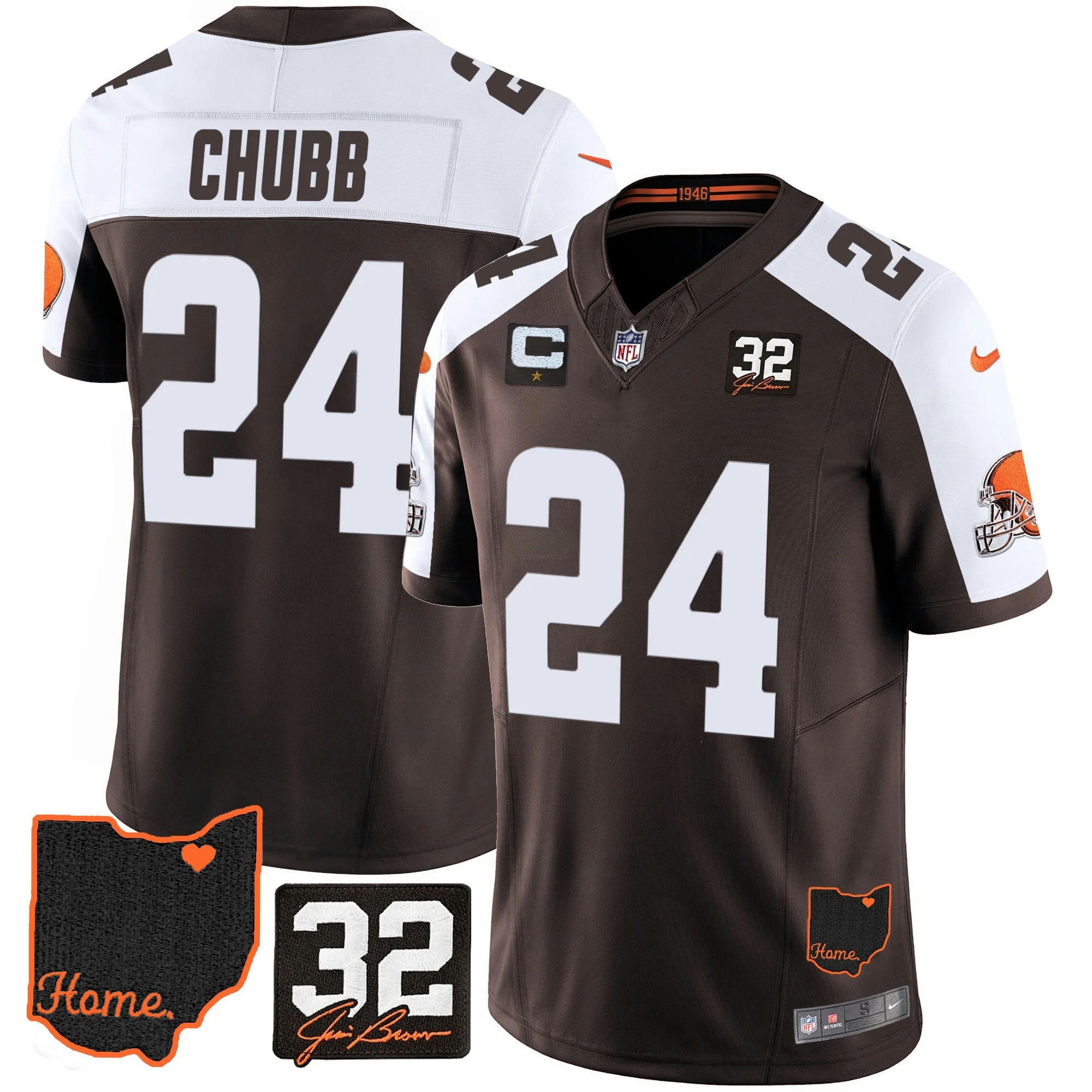 Camisa NFL Men’s #32 Jim Brown Memorial & Home Patch Jersey V3