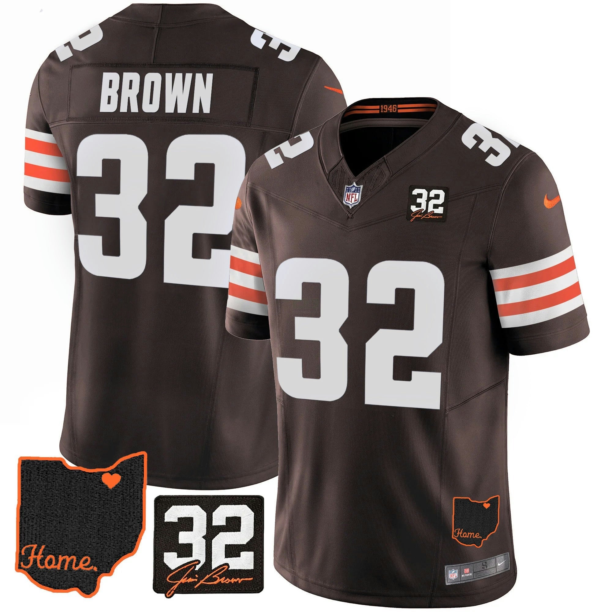 Camisa NFL Men’s #32 Jim Brown Memorial & Home Patch Jersey V3