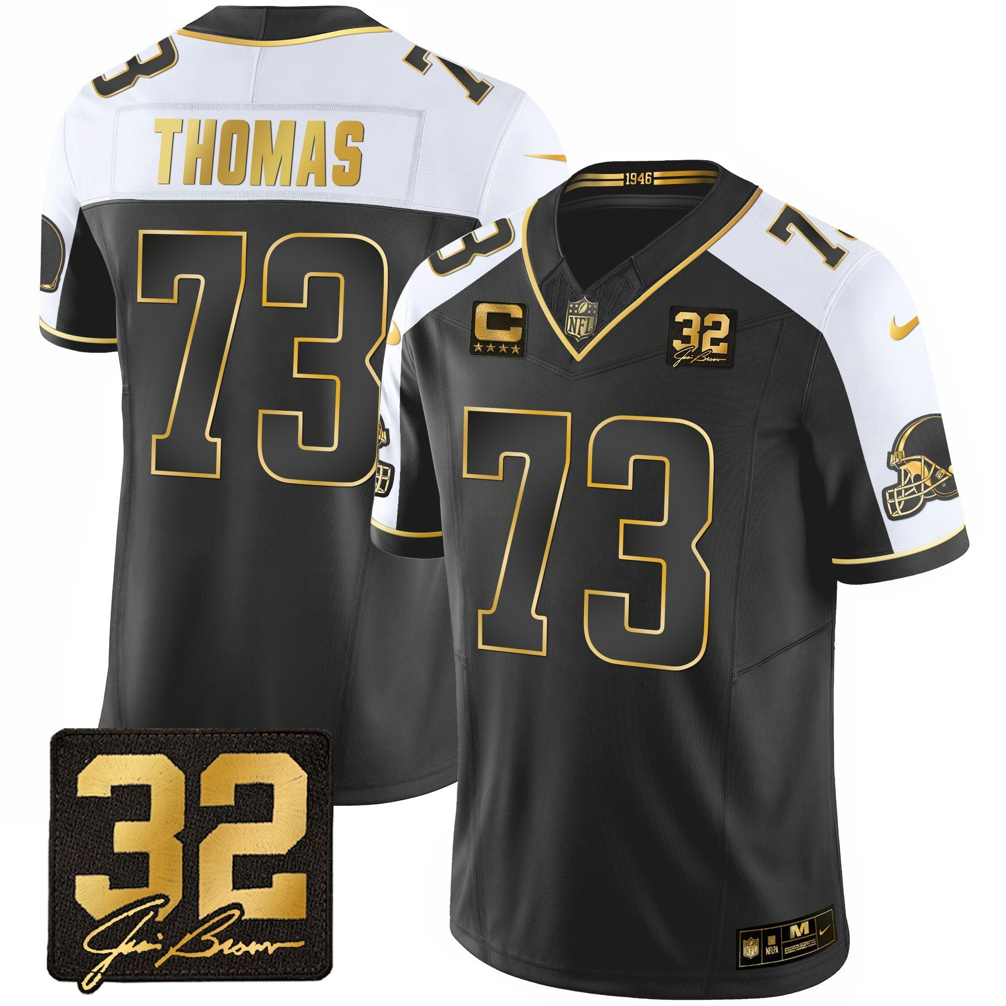 Camisa NFL Men’s #32 Jim Brown Memorial Patch Dourada Jersey