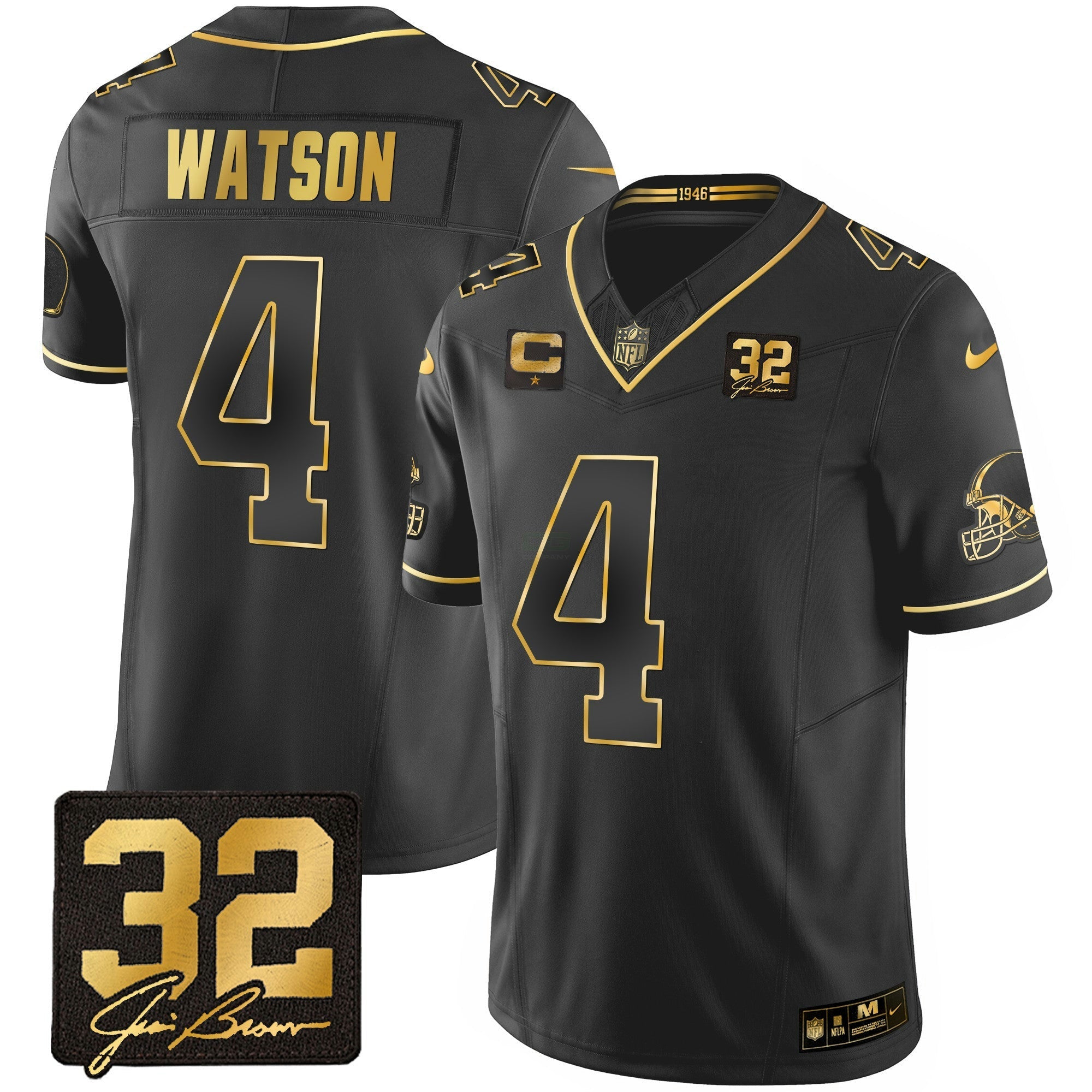 Camisa NFL Men’s #32 Jim Brown Memorial Patch Dourada Jersey
