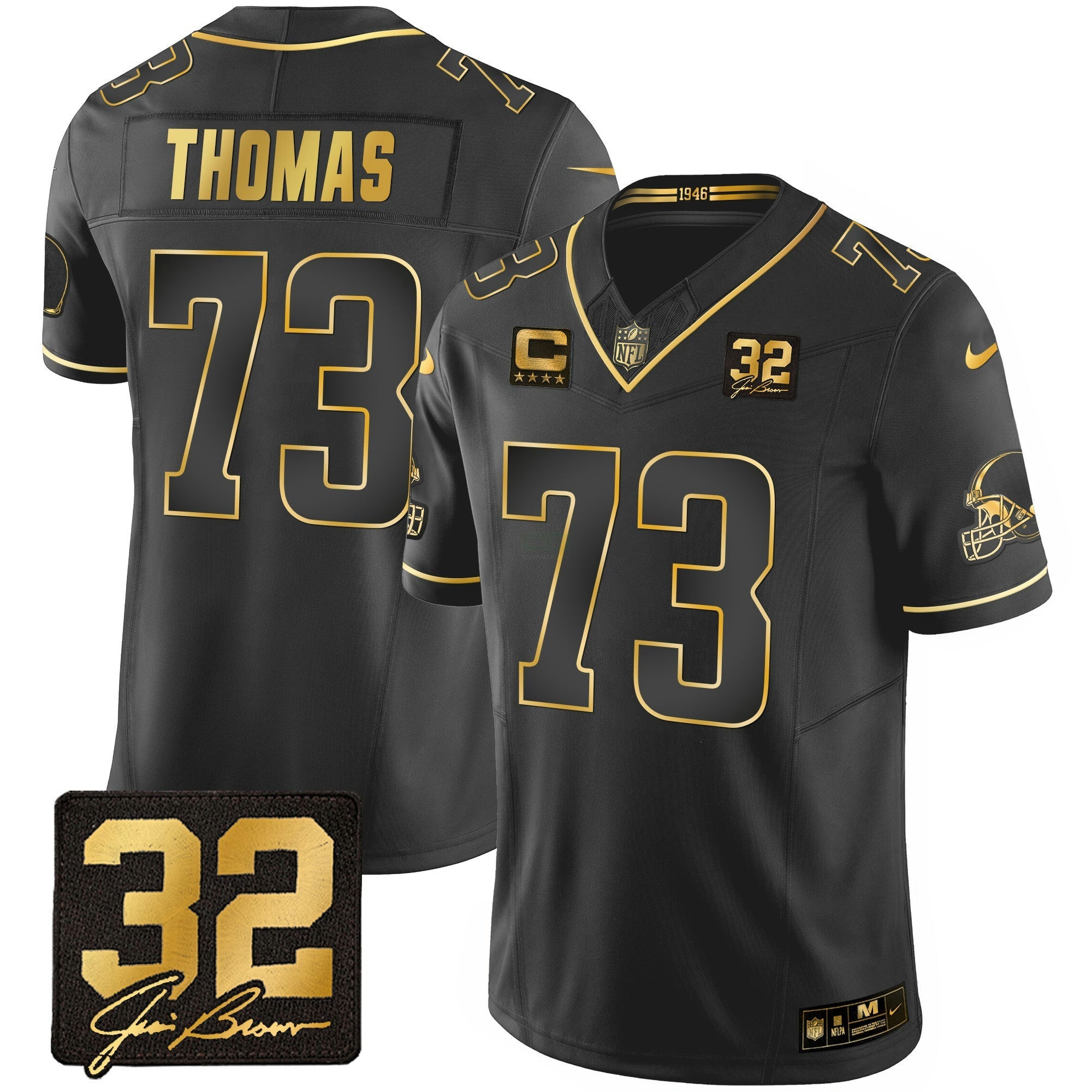 Camisa NFL Men’s #32 Jim Brown Memorial Patch Dourada Jersey