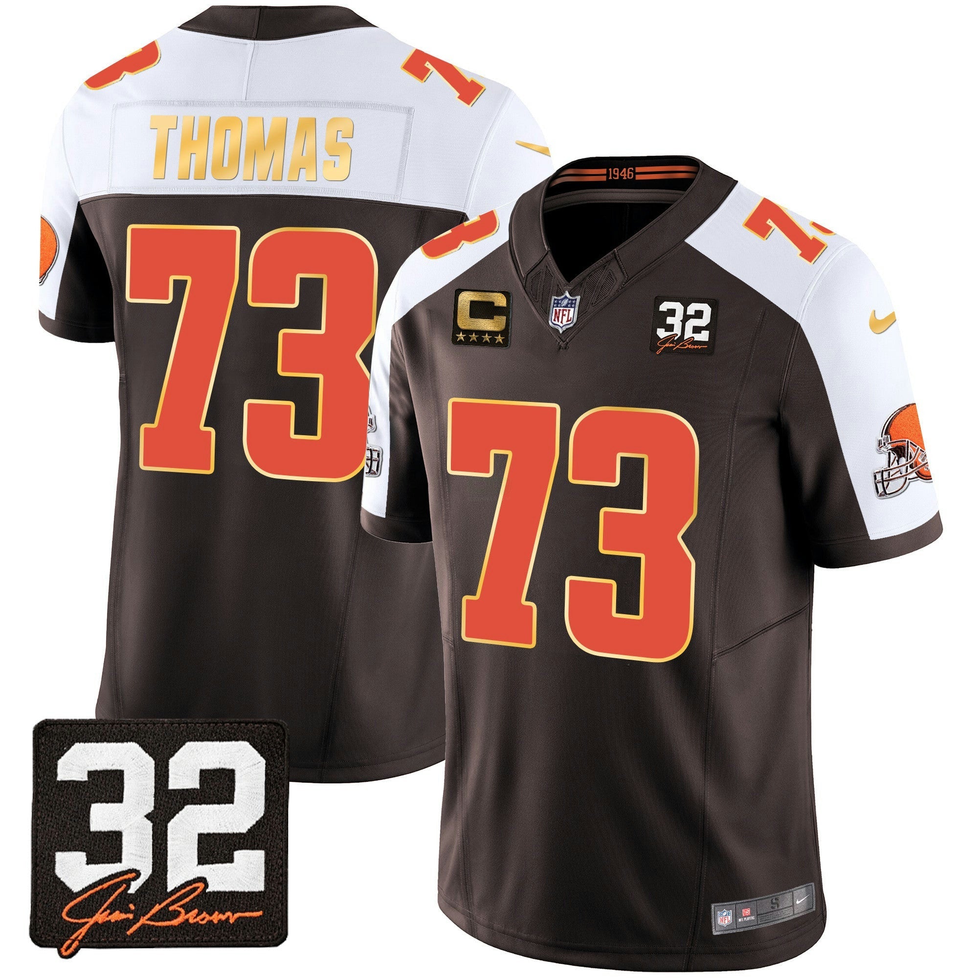 Camisa NFL Men’s #32 Jim Brown Memorial Patch Dourada Trim Jersey