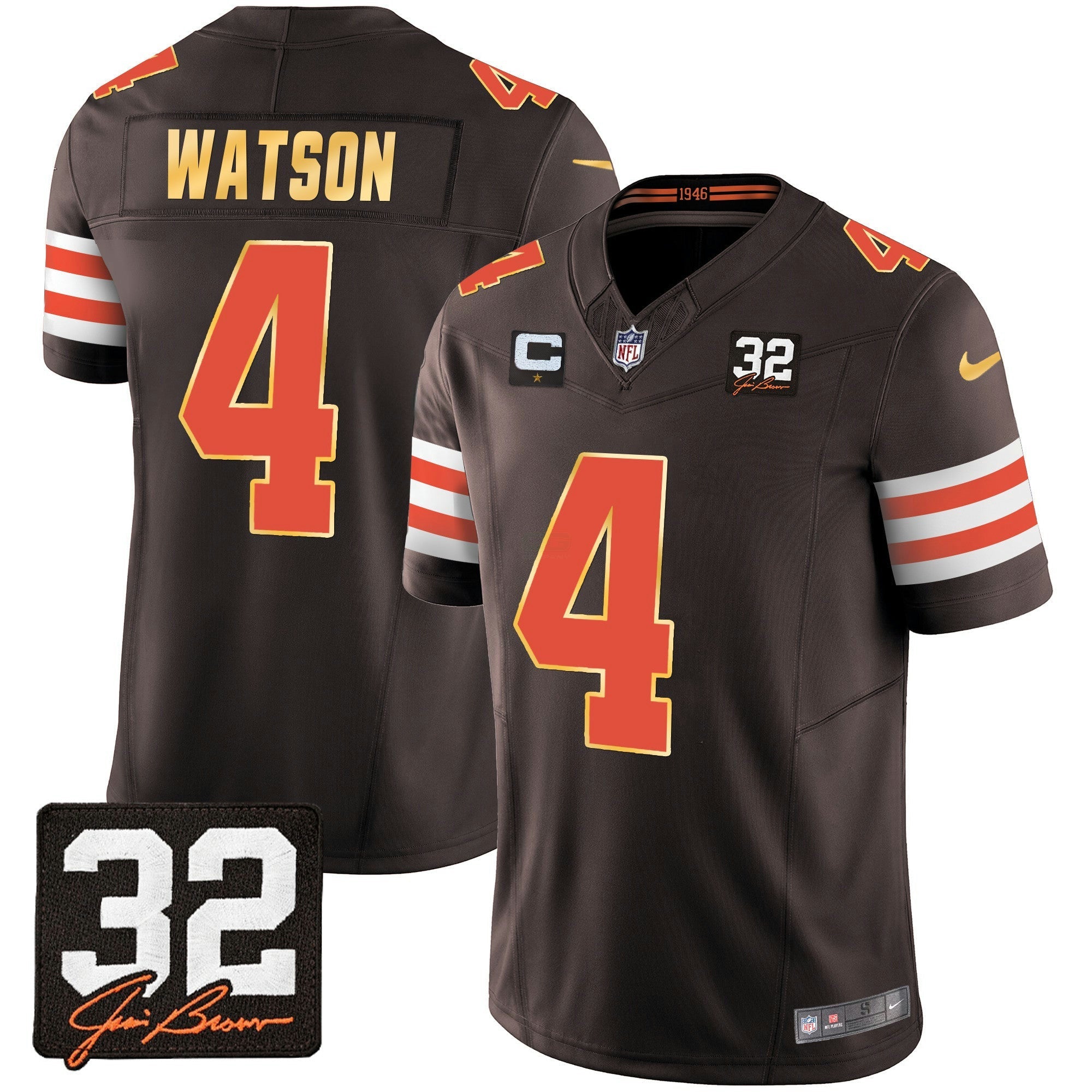 Camisa NFL Men’s #32 Jim Brown Memorial Patch Dourada Trim Jersey