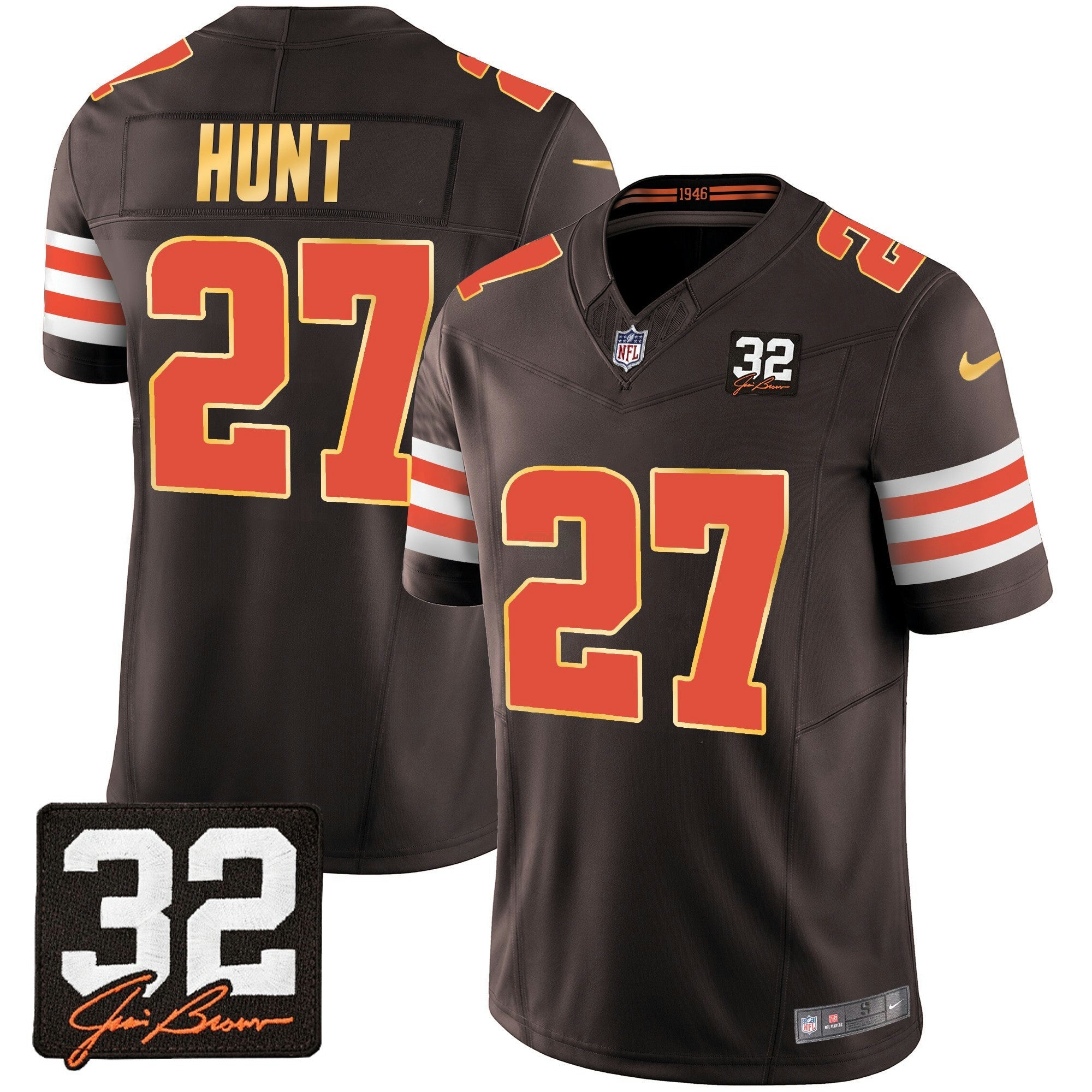 Camisa NFL Men’s #32 Jim Brown Memorial Patch Dourada Trim Jersey