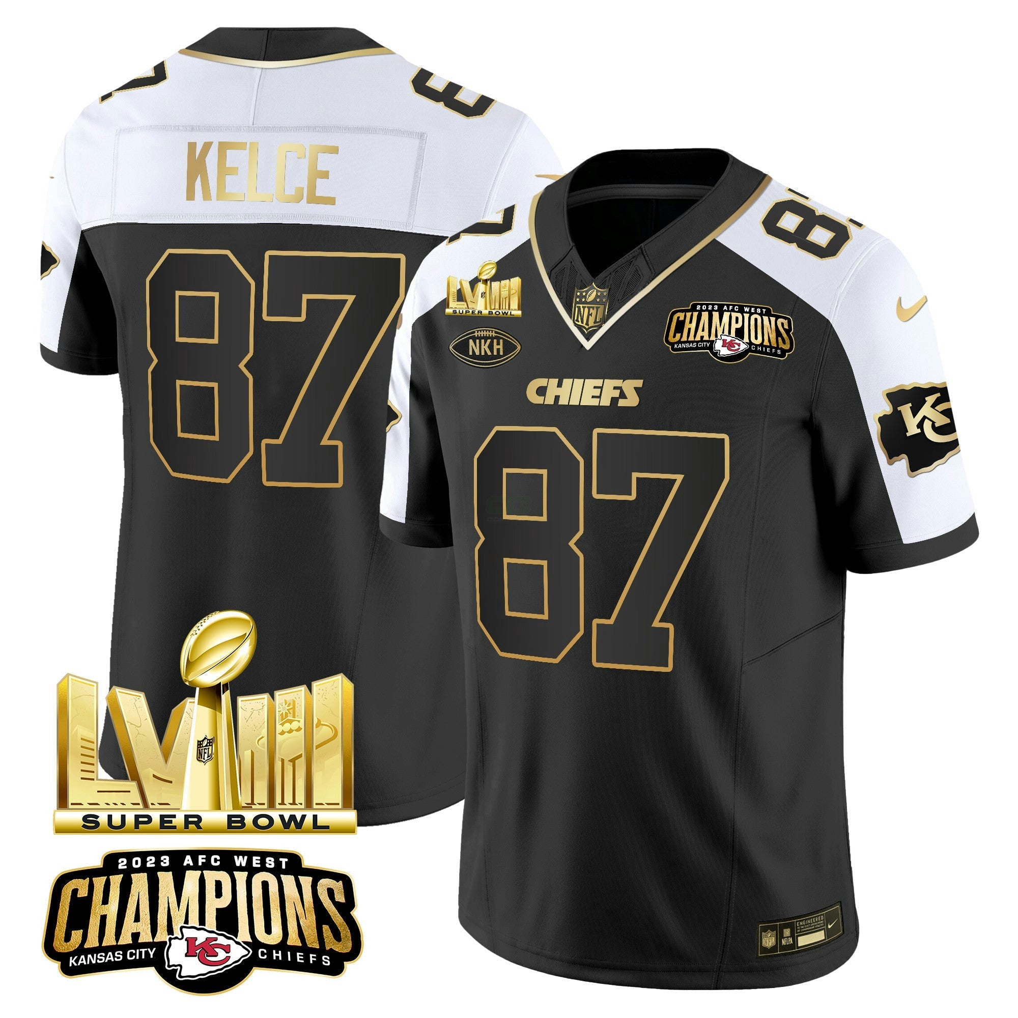 Camisa NFL Men’s AFC West Champions & Super Bowl LVIII Dourada Patch Vapor Jersey V2