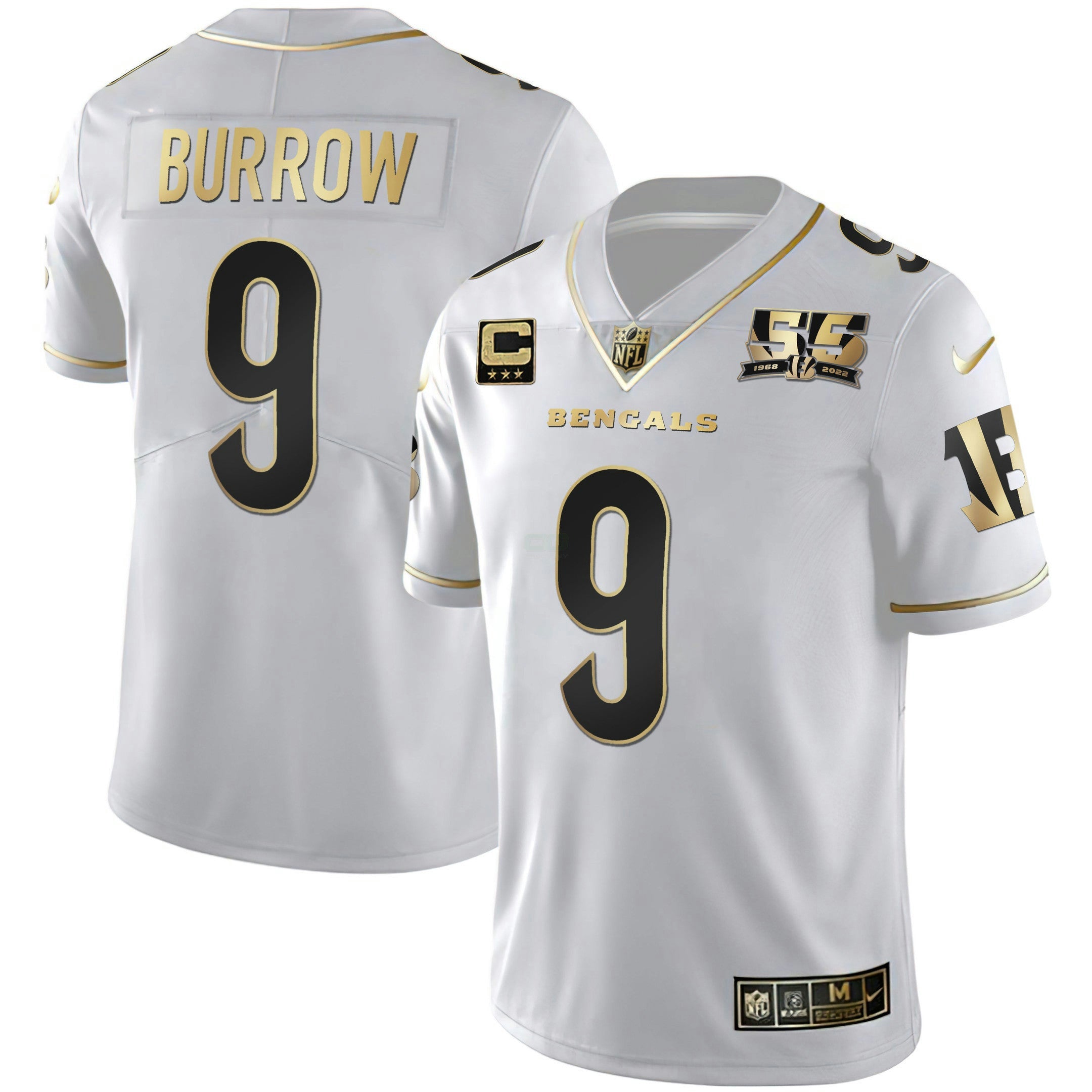 Camisa NFL Men’s Cincinnati 55th 1968 – 2022 Anniversary Patch Branca Dourada & Preta Dourada Jersey