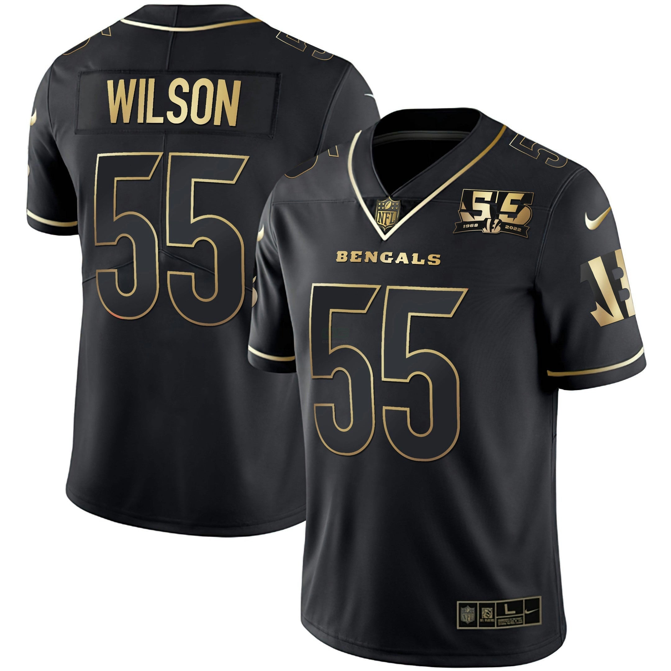 Camisa NFL Men’s Cincinnati 55th 1968 – 2022 Anniversary Patch Branca Dourada & Preta Dourada Jersey