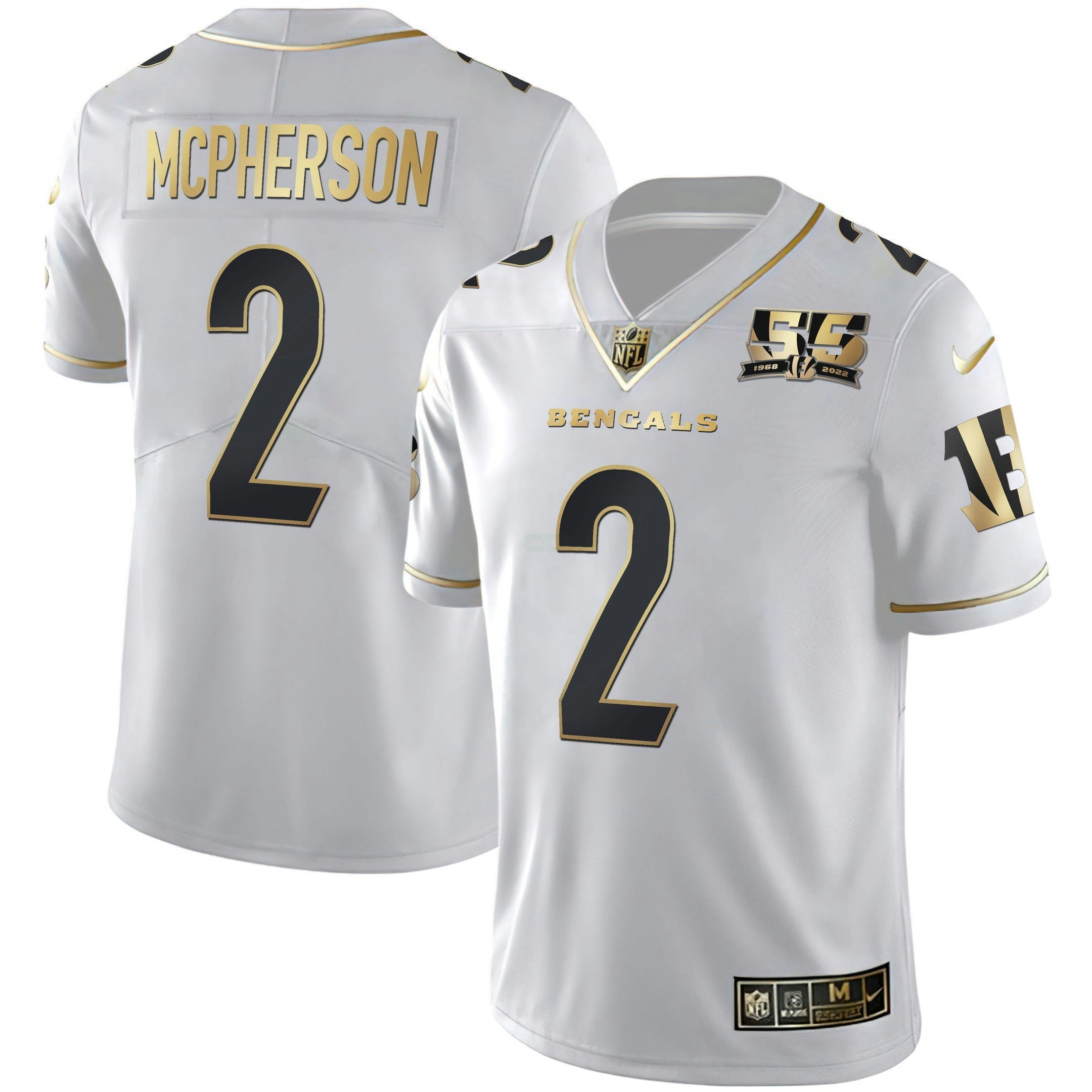 Camisa NFL Men’s Cincinnati 55th 1968 – 2022 Anniversary Patch Branca Dourada & Preta Dourada Jersey