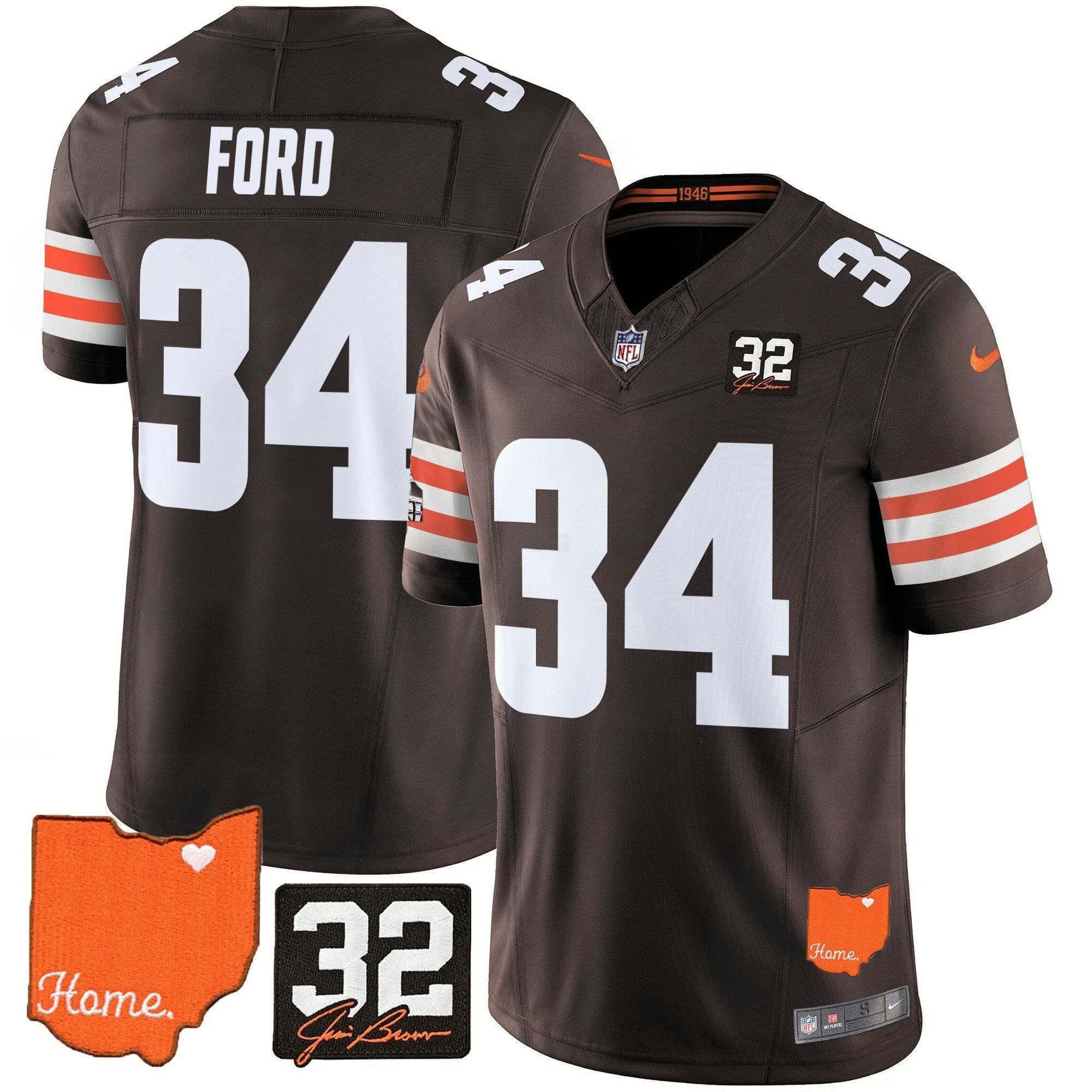 Camisa NFL Men’s Cleveland 2025 Jim Brown Memorial & Home Patch Vapor Limited Jersey