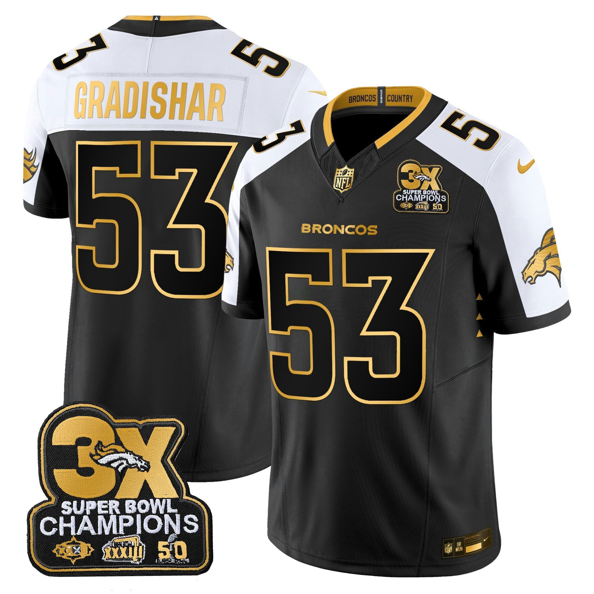 Camisa NFL Men’s Denver 3-Time Champions Patch Dourada Vapor Limited Jersey