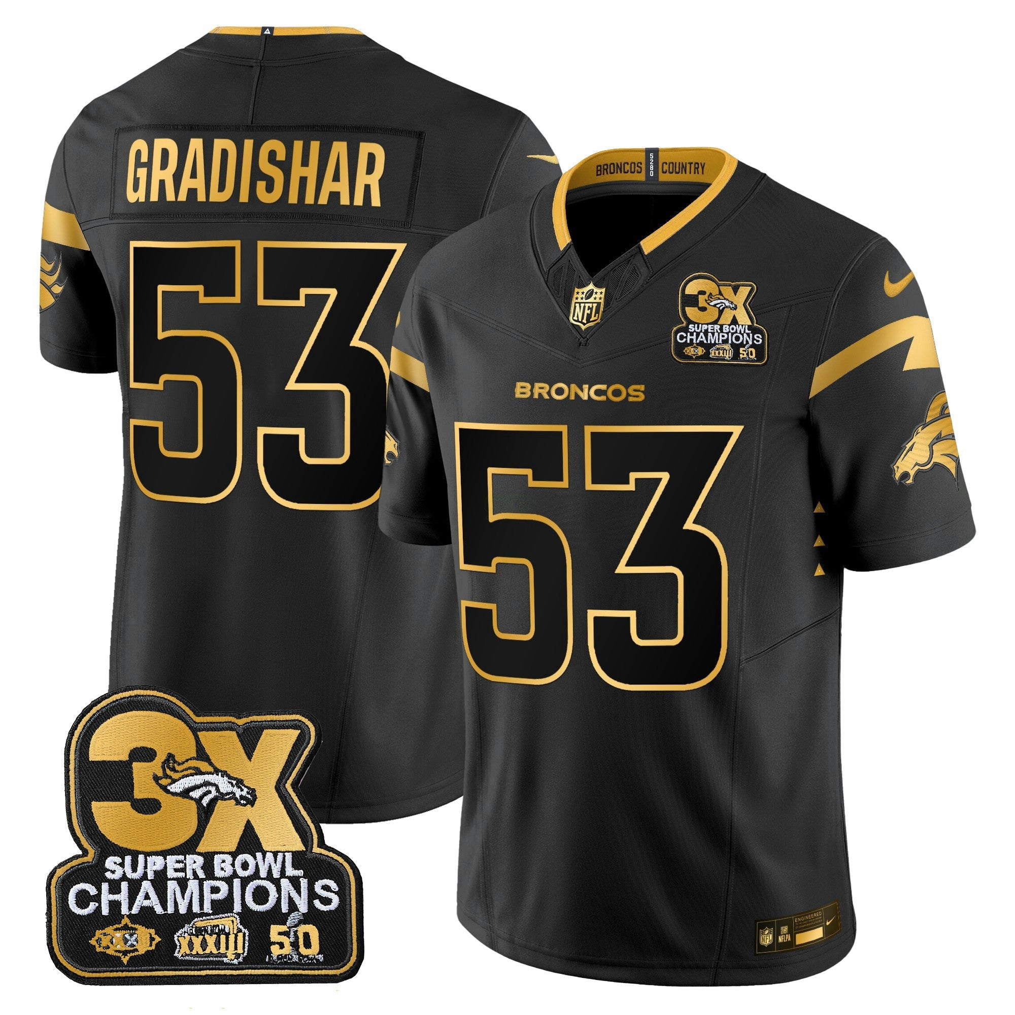 Camisa NFL Men’s Denver 3-Time Champions Patch Dourada Vapor Limited Jersey