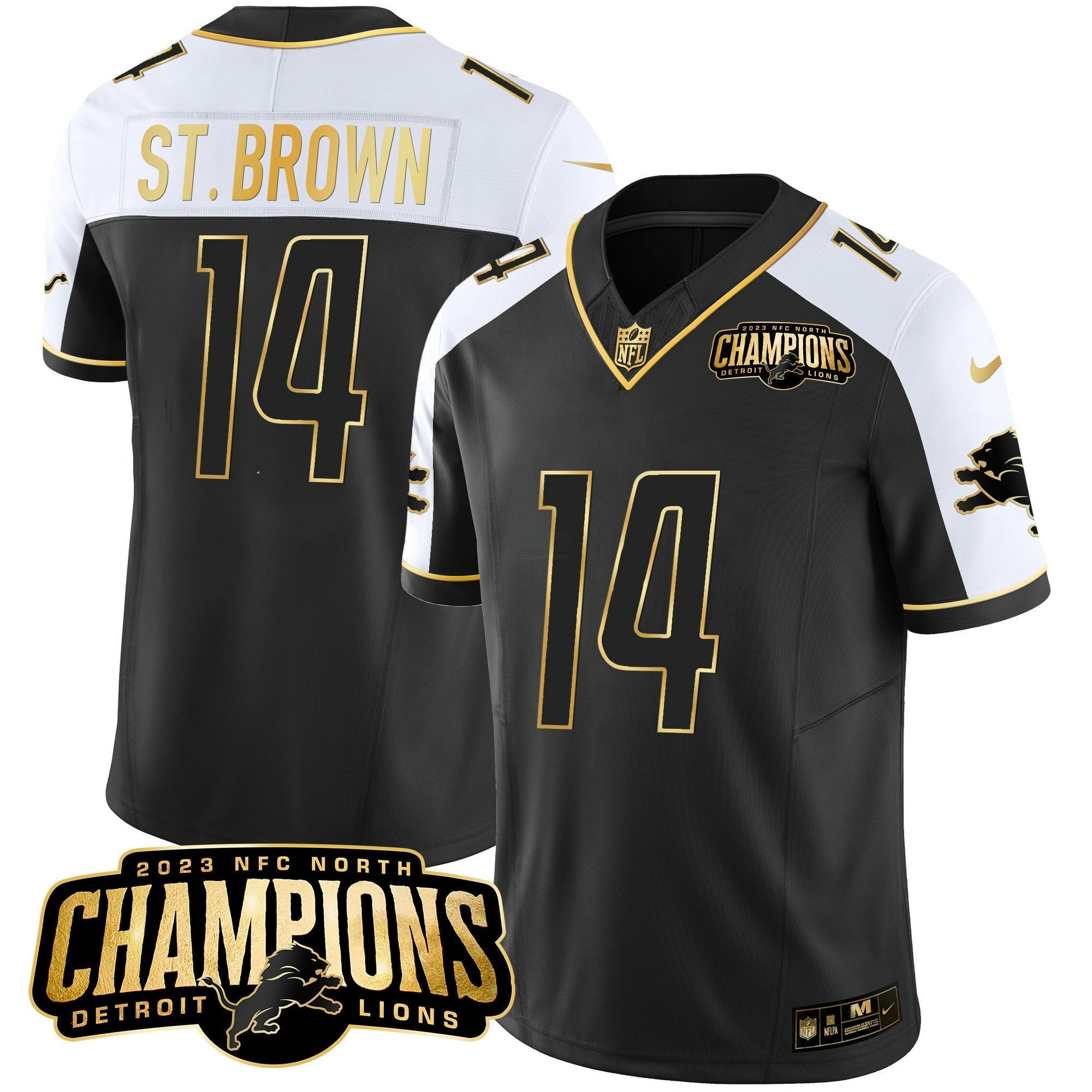 Camisa NFL Men’s Detroit 2023 NFC North Champions Patch Dourada Vapor Jersey