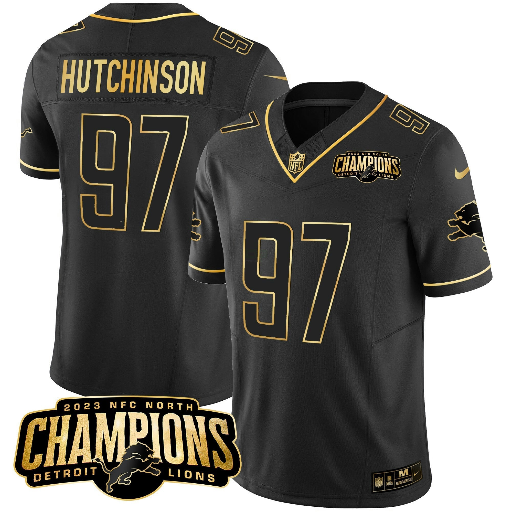 Camisa NFL Men’s Detroit 2023 NFC North Champions Patch Dourada Vapor Jersey