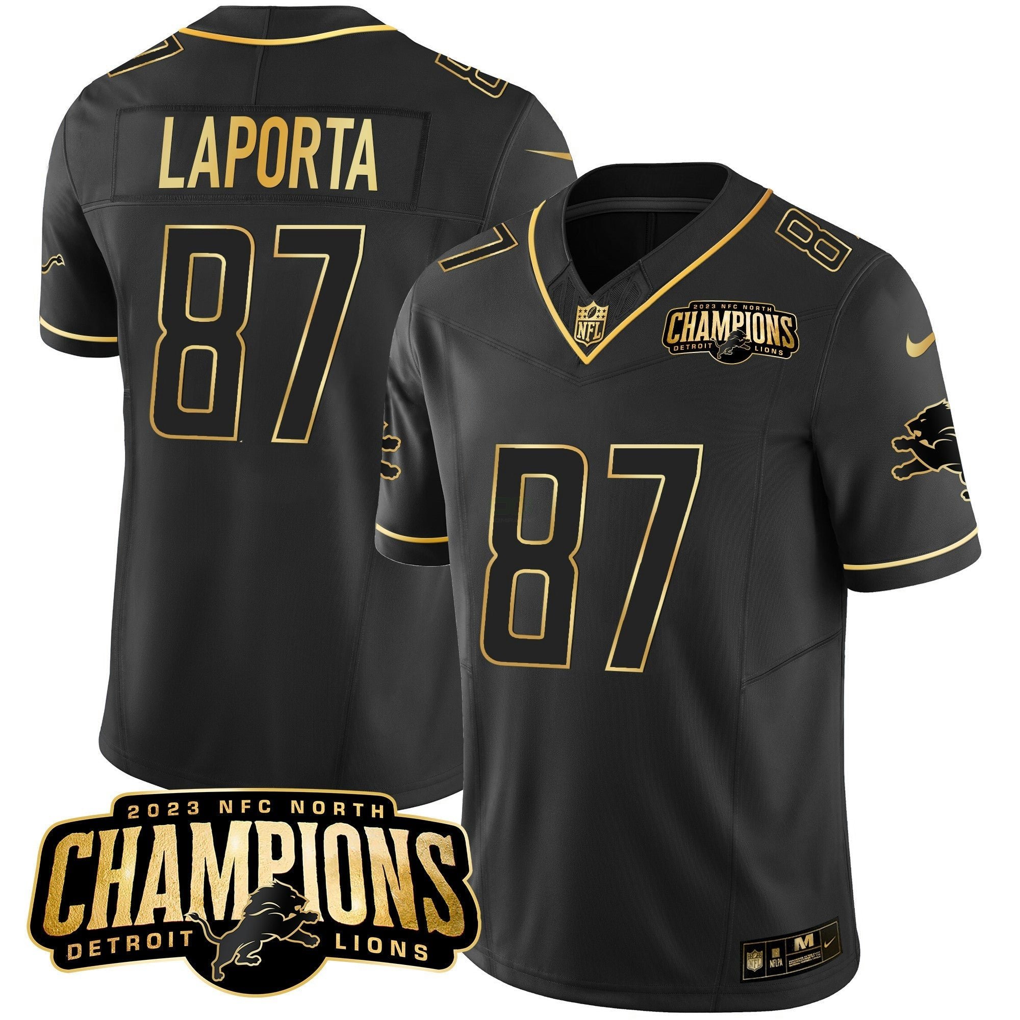 Camisa NFL Men’s Detroit 2023 NFC North Champions Patch Dourada Vapor Jersey