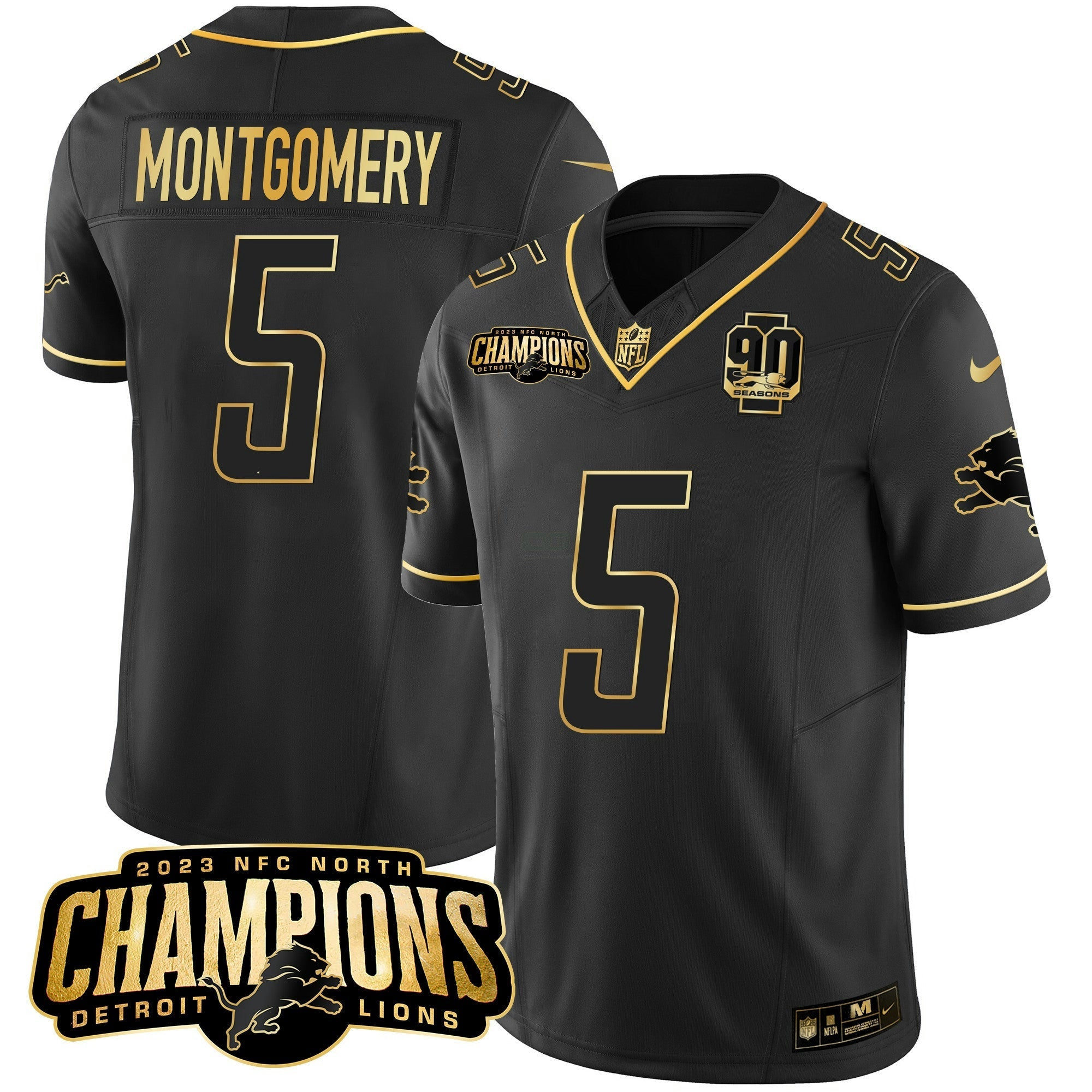 Camisa NFL Men’s Detroit 2023 NFC North Champions Patch Dourada Vapor Jersey V2