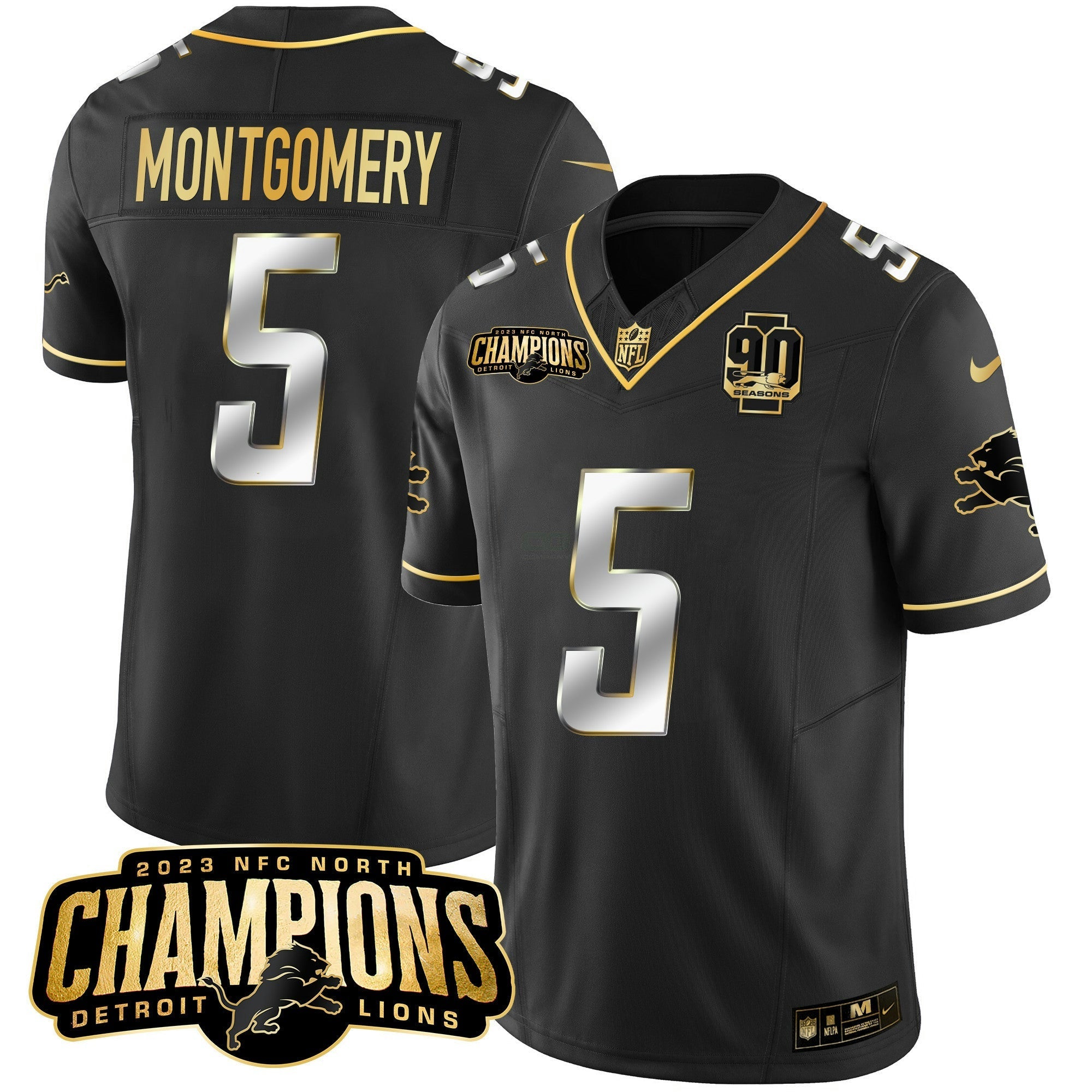 Camisa NFL Men’s Detroit 2023 NFC North Champions Patch Dourada Vapor Jersey V2