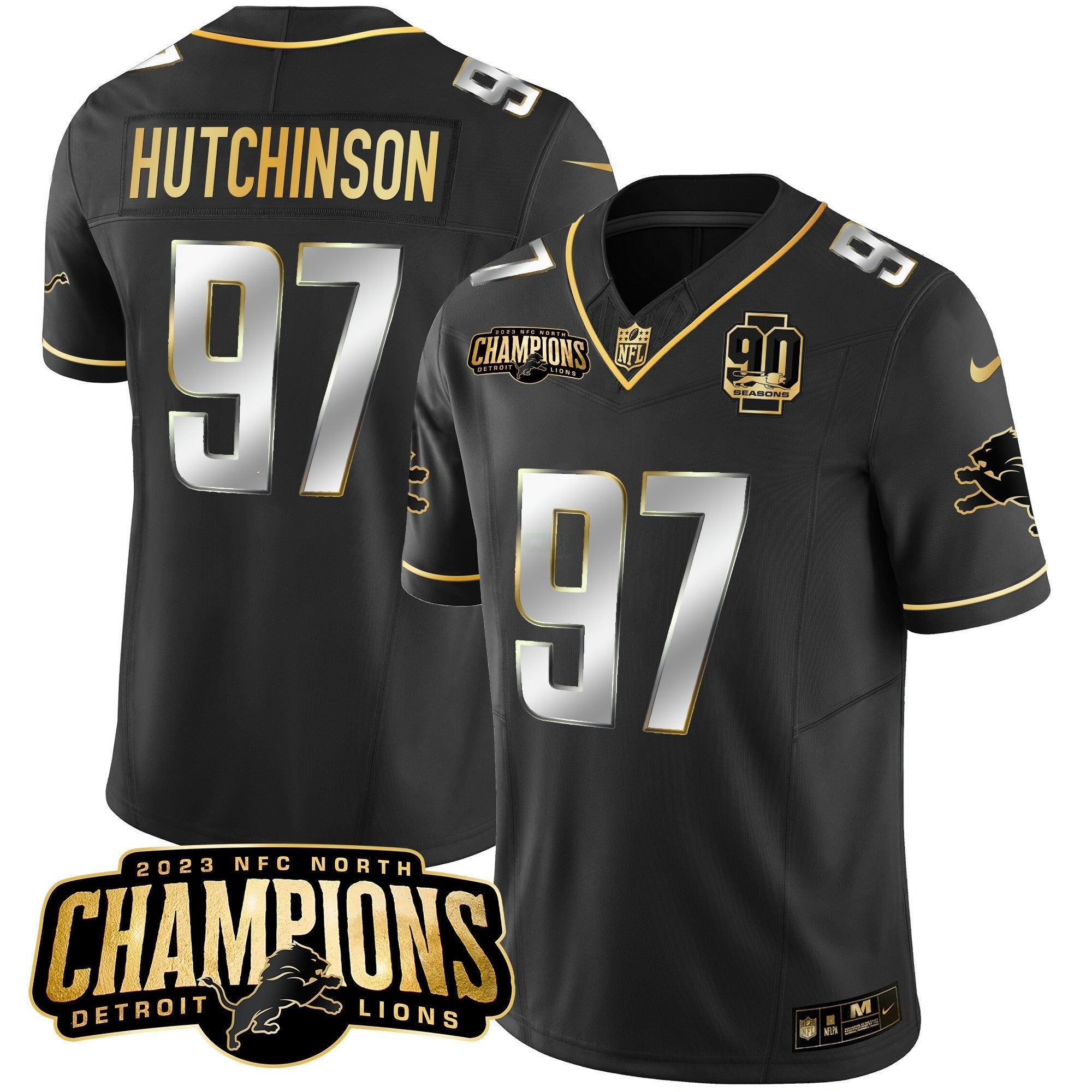Camisa NFL Men’s Detroit 2023 NFC North Champions Patch Dourada Vapor Jersey V2