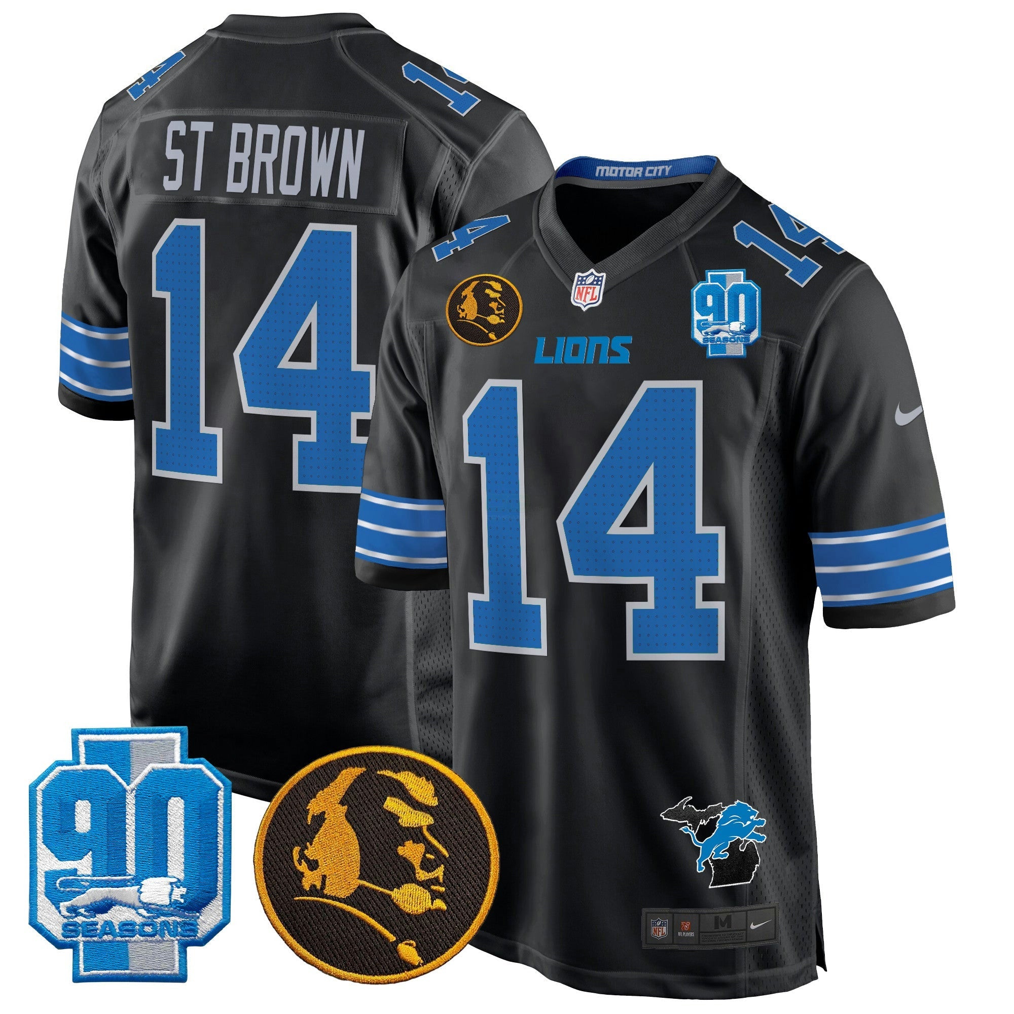 Camisa NFL Men’s Detroit 2024 90th & John Madden Patch Game Jersey