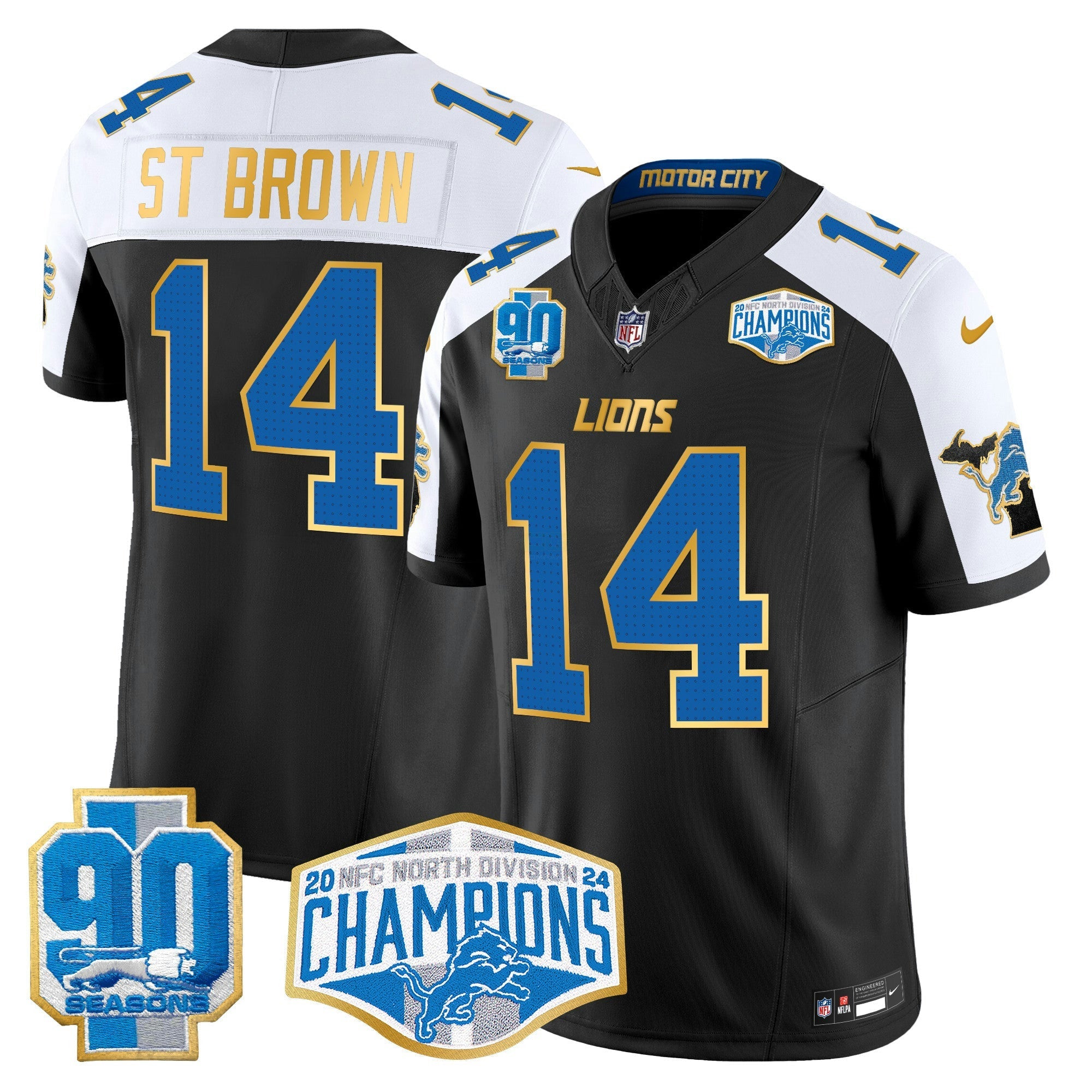 Camisa NFL Men’s Detroit 2024 NFC North Division Champions Patch Dourada Trim Vapor Limited Jersey
