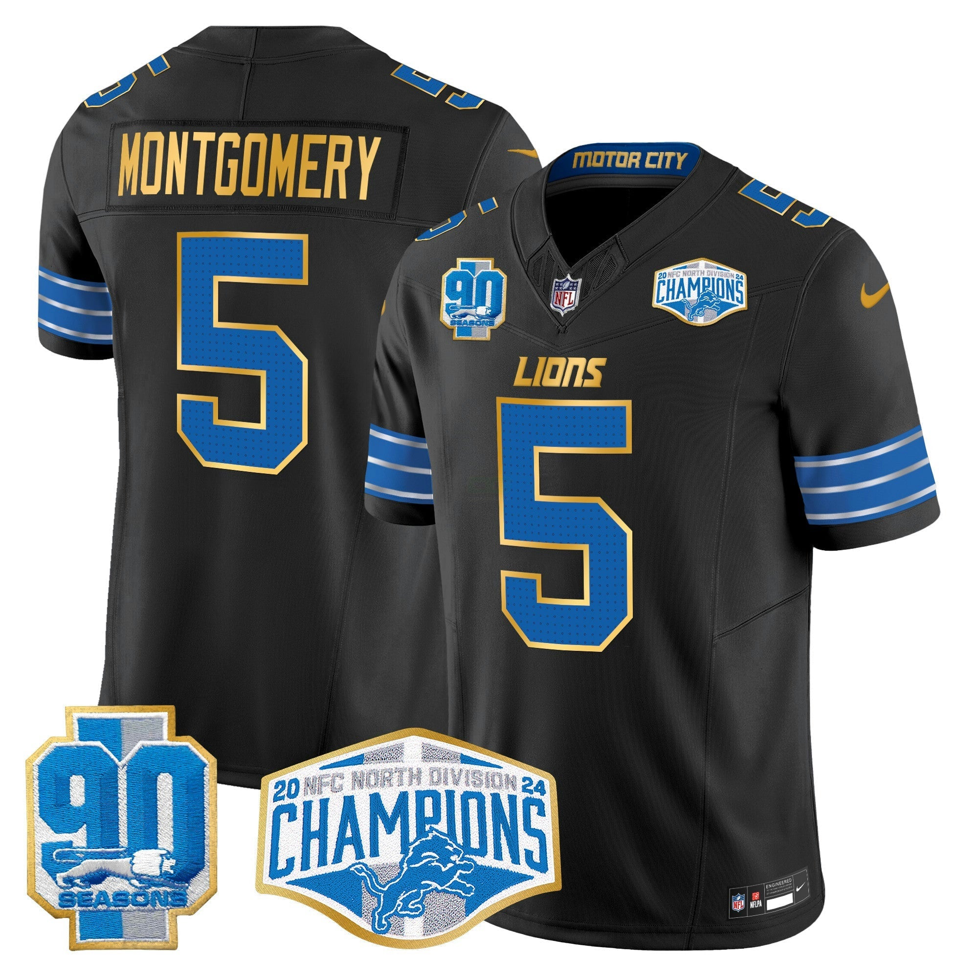 Camisa NFL Men’s Detroit 2024 NFC North Division Champions Patch Dourada Trim Vapor Limited Jersey