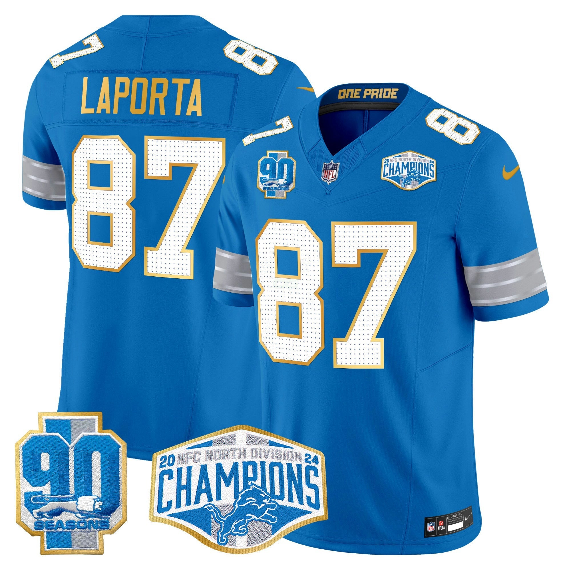 Camisa NFL Men’s Detroit 2024 NFC North Division Champions Patch Dourada Trim Vapor Limited Jersey