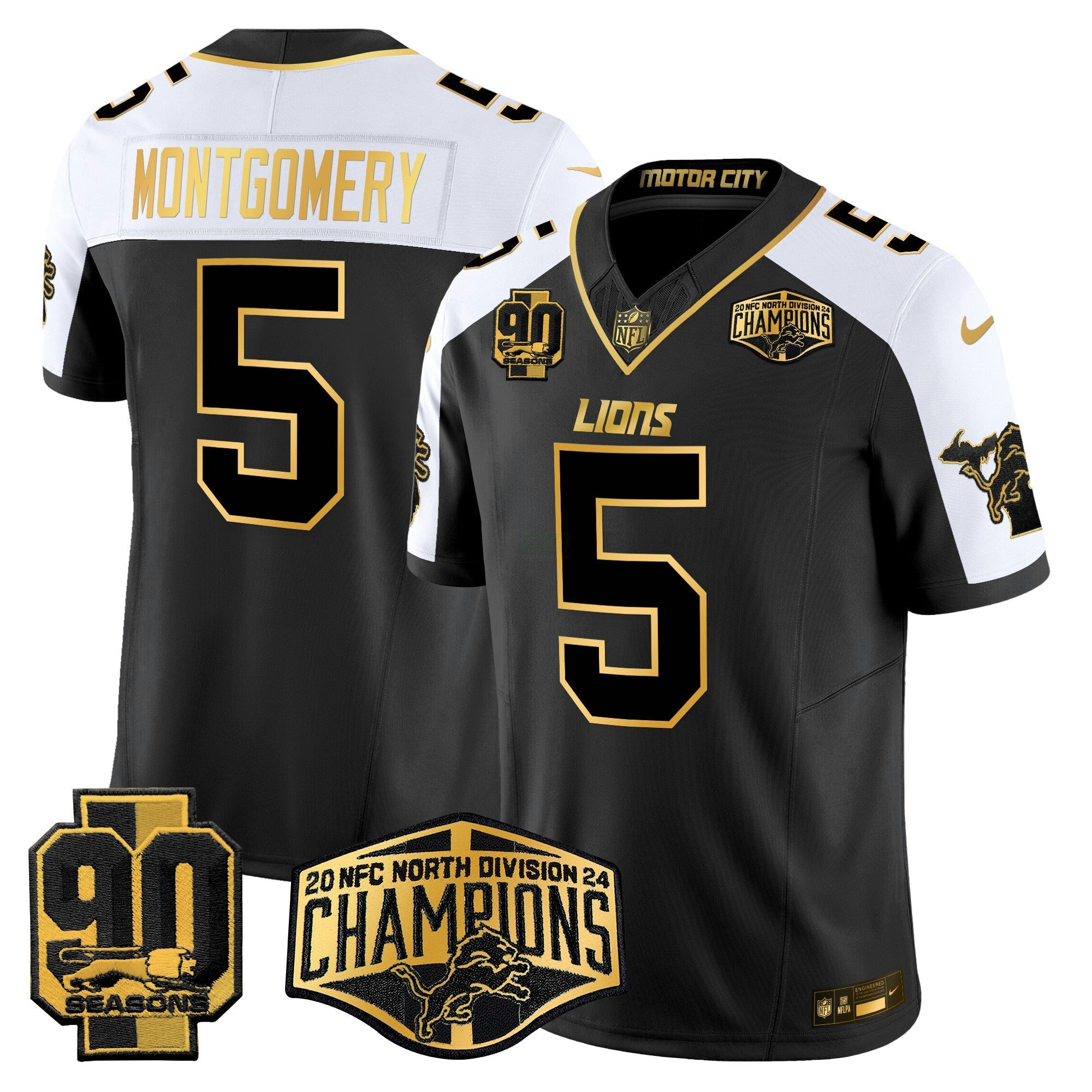 Camisa NFL Men’s Detroit 2024 NFC North Division Champions Patch Dourada Vapor Limited Jersey