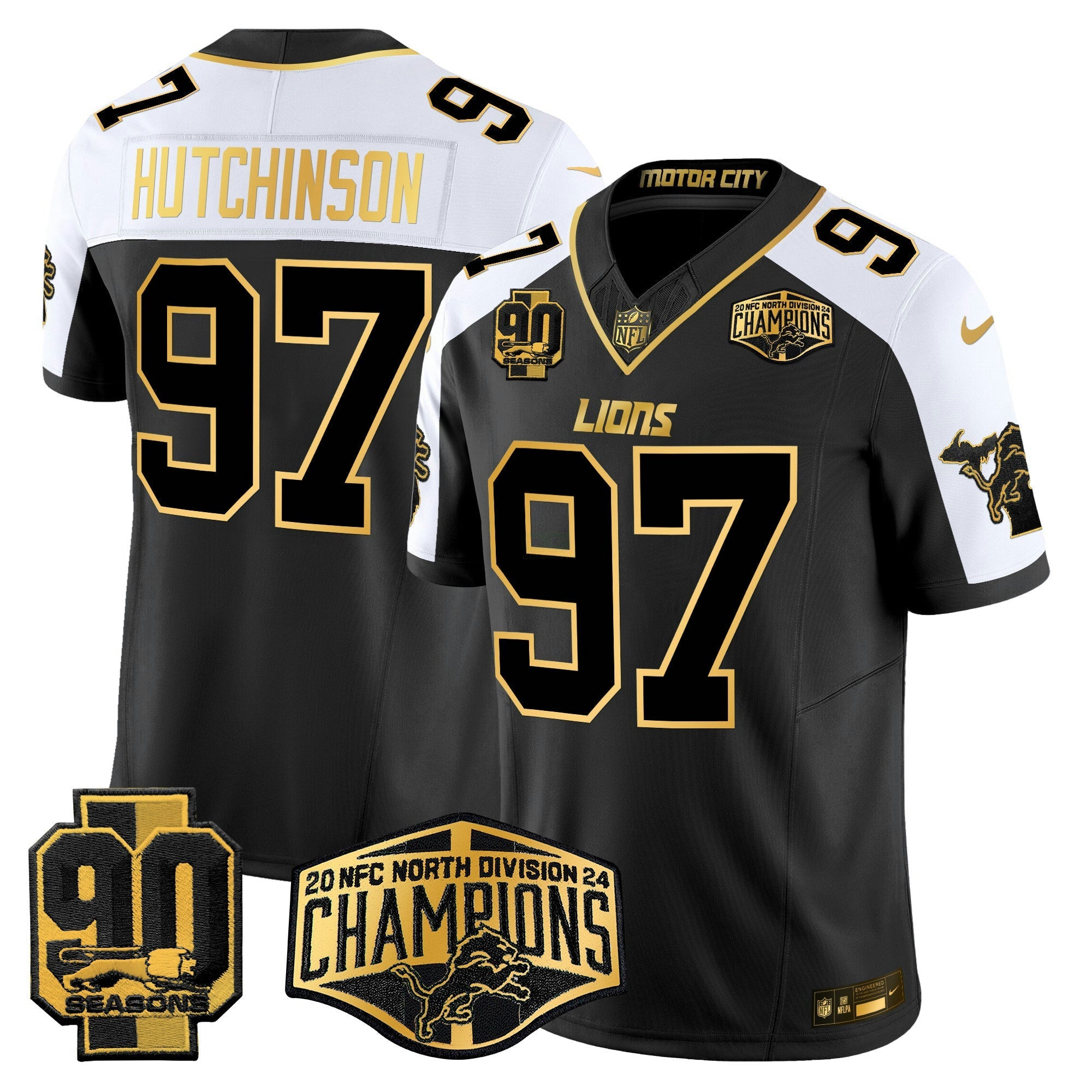Camisa NFL Men’s Detroit 2024 NFC North Division Champions Patch Dourada Vapor Limited Jersey