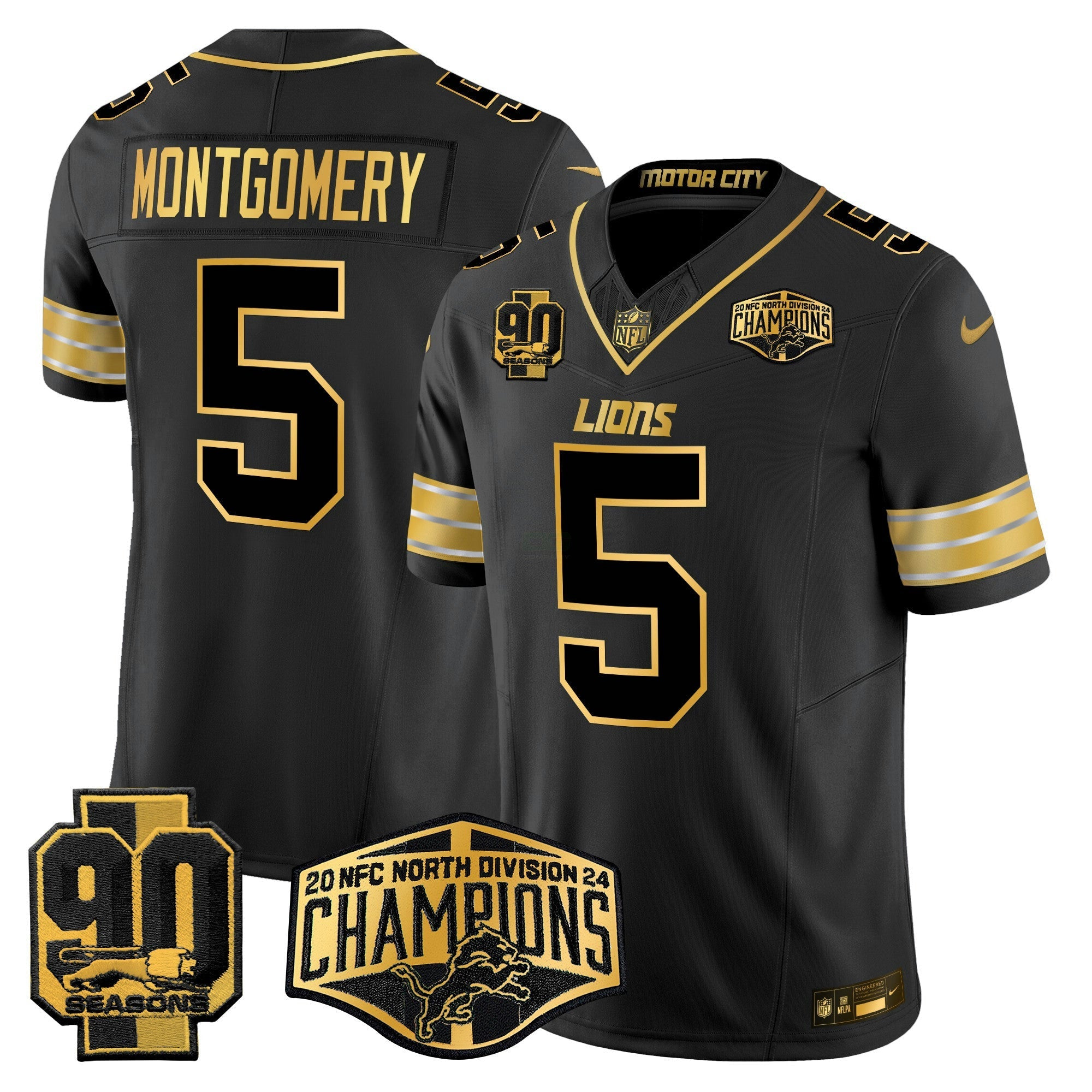 Camisa NFL Men’s Detroit 2024 NFC North Division Champions Patch Dourada Vapor Limited Jersey