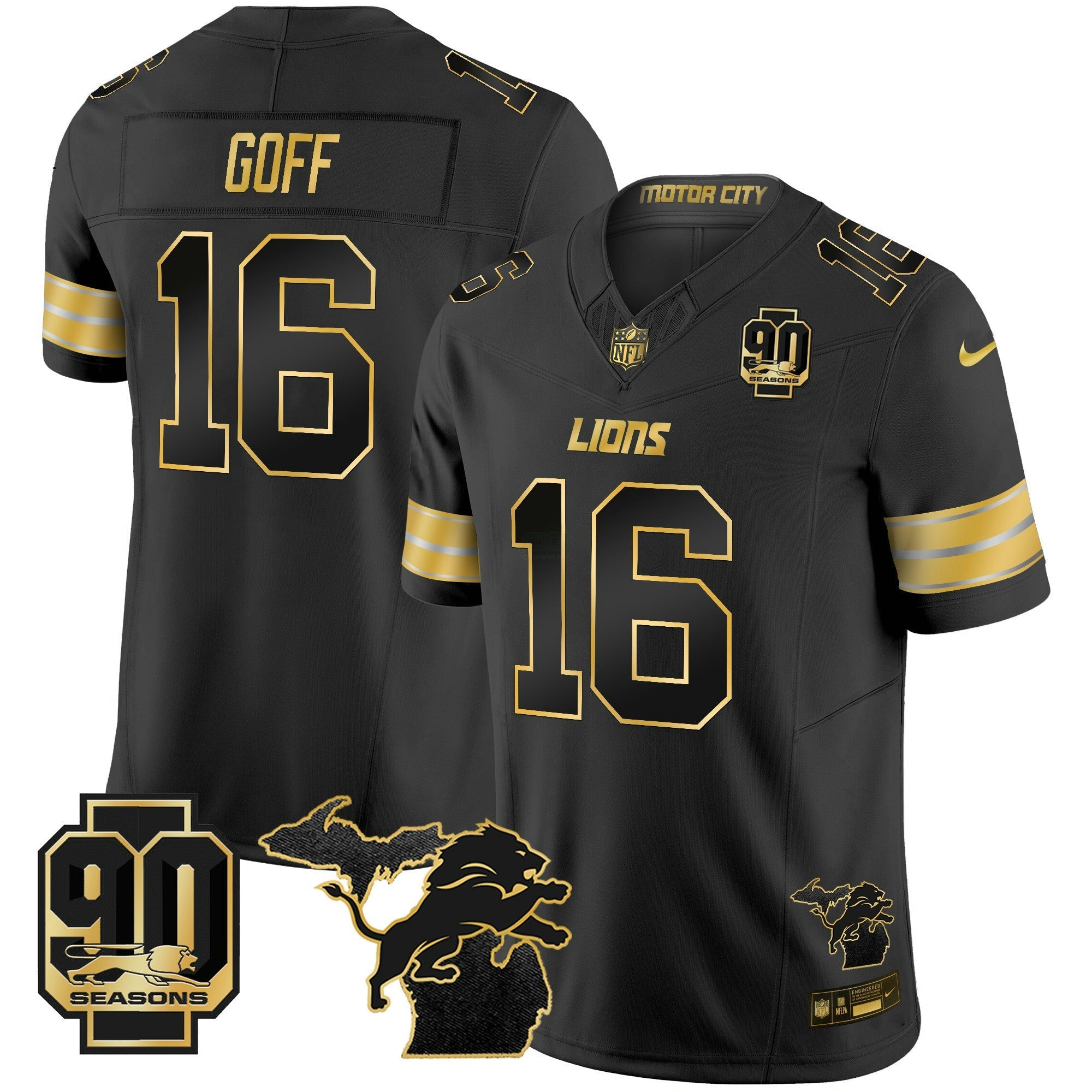 Camisa NFL Men’s Detroit 2025 Michigan & 90th Season Patch Dourada Vapor Limited Jersey
