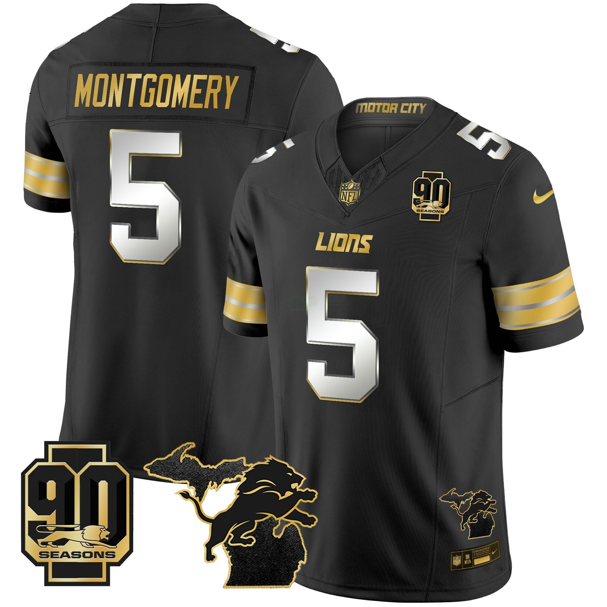 Camisa NFL Men’s Detroit 2025 Michigan & 90th Season Patch Dourada Vapor Limited Jersey