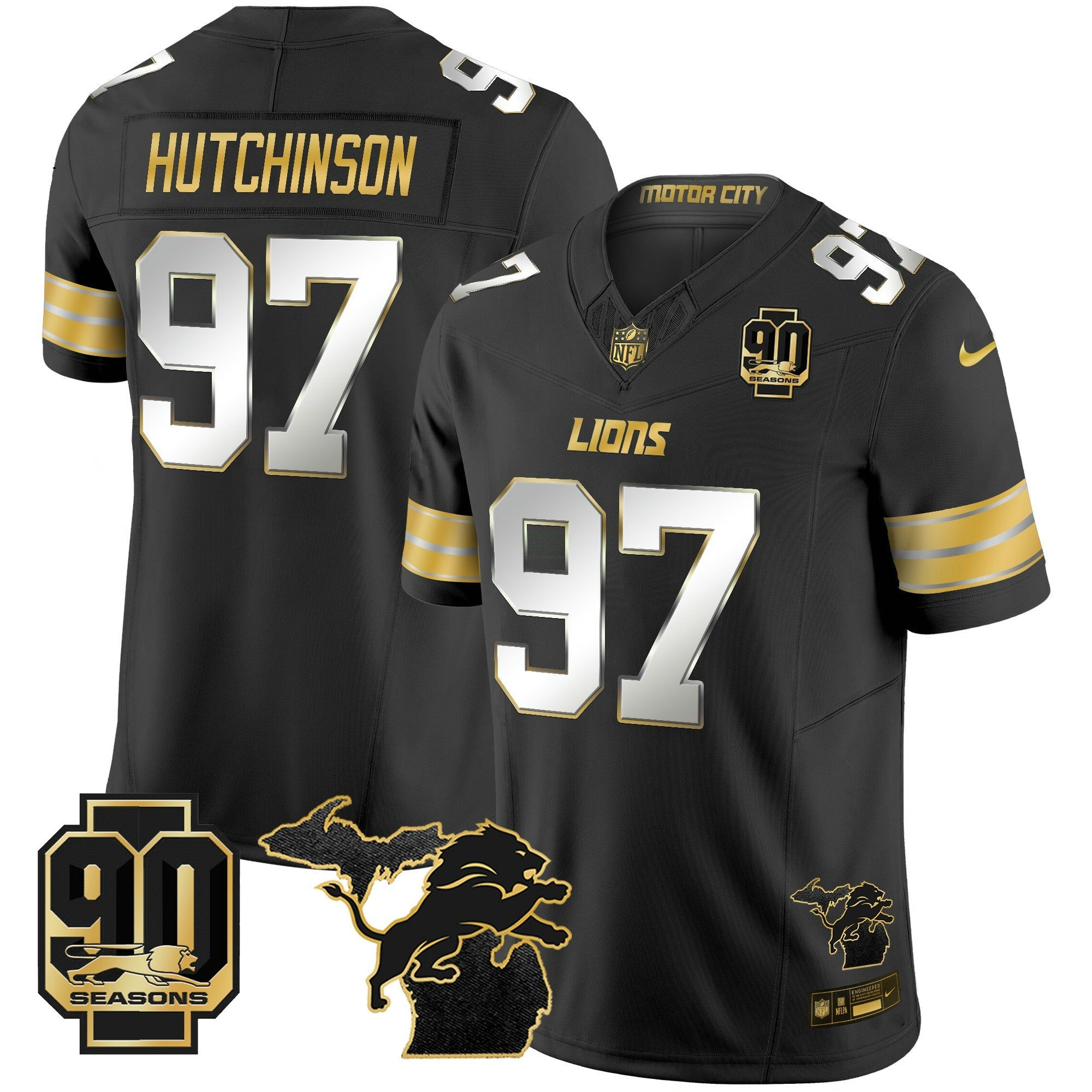 Camisa NFL Men’s Detroit 2025 Michigan & 90th Season Patch Dourada Vapor Limited Jersey