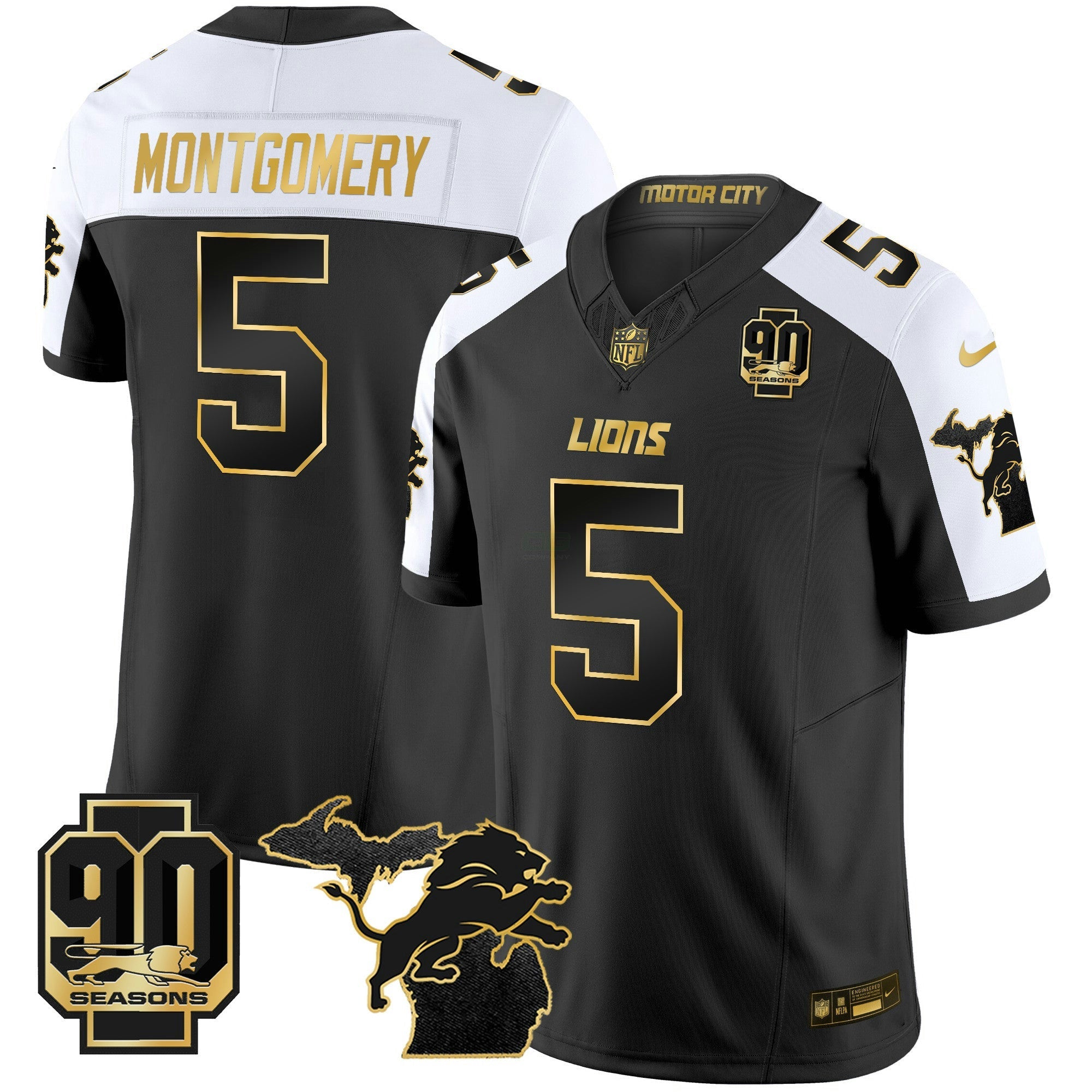 Camisa NFL Men’s Detroit 2025 Michigan & 90th Season Patch Dourada Vapor Limited Jersey