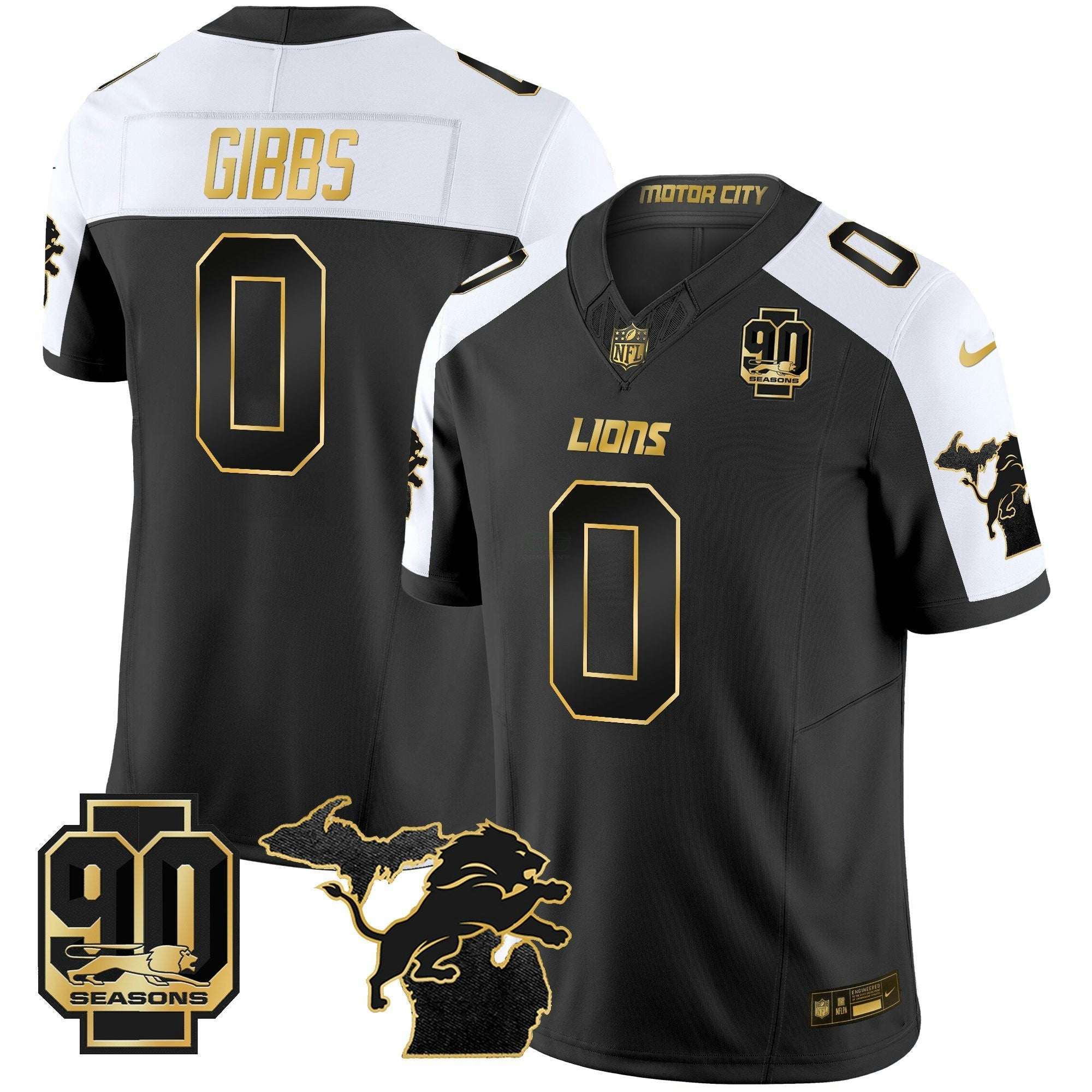 Camisa NFL Men’s Detroit 2025 Michigan & 90th Season Patch Dourada Vapor Limited Jersey