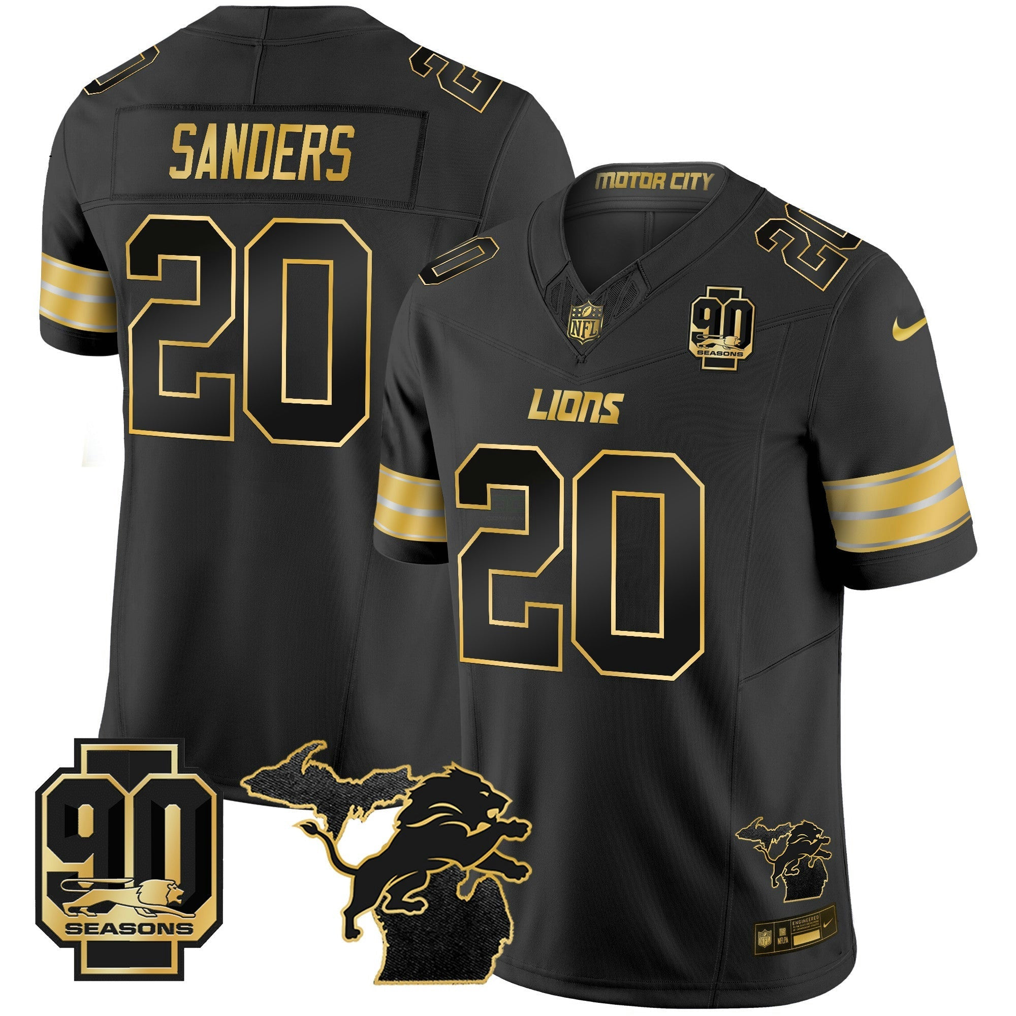 Camisa NFL Men’s Detroit 2025 Michigan & 90th Season Patch Dourada Vapor Limited Jersey