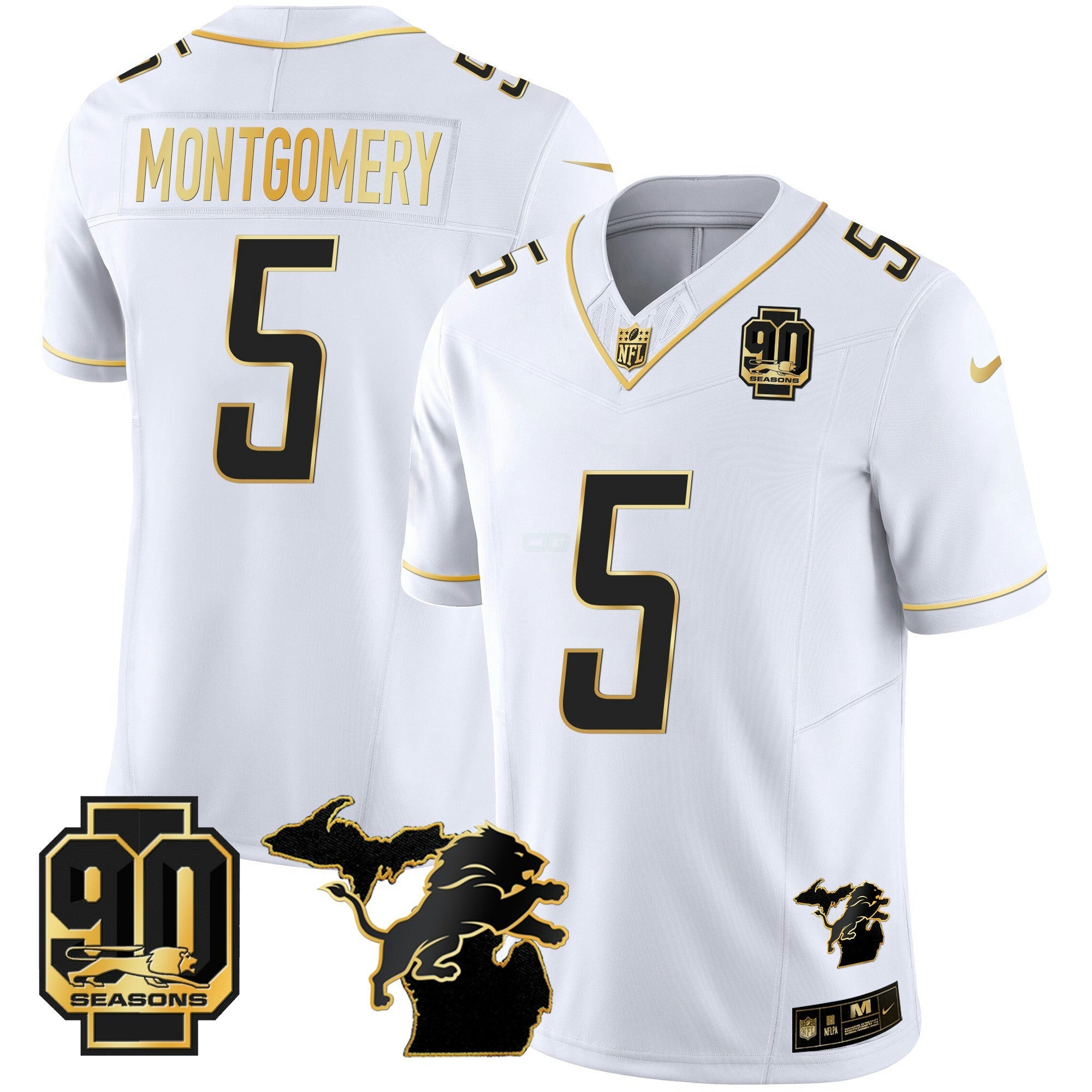 Camisa NFL Men’s Detroit 90th Year & Michigan Patch Dourada Vapor Jersey