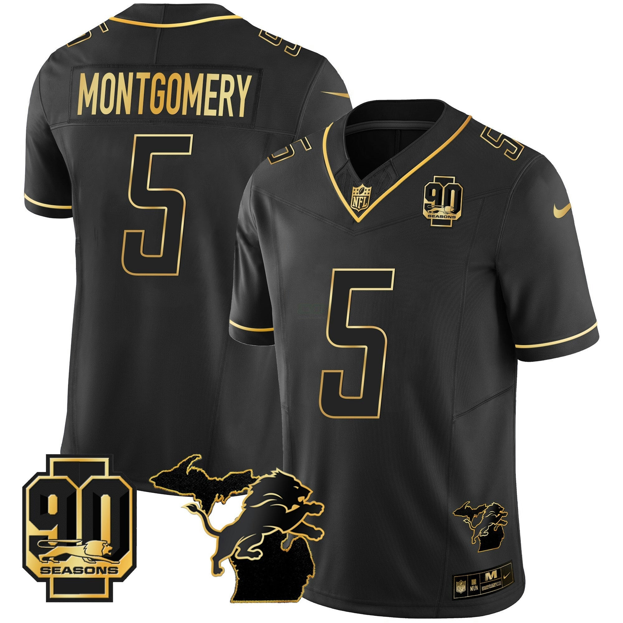 Camisa NFL Men’s Detroit 90th Year & Michigan Patch Dourada Vapor Jersey