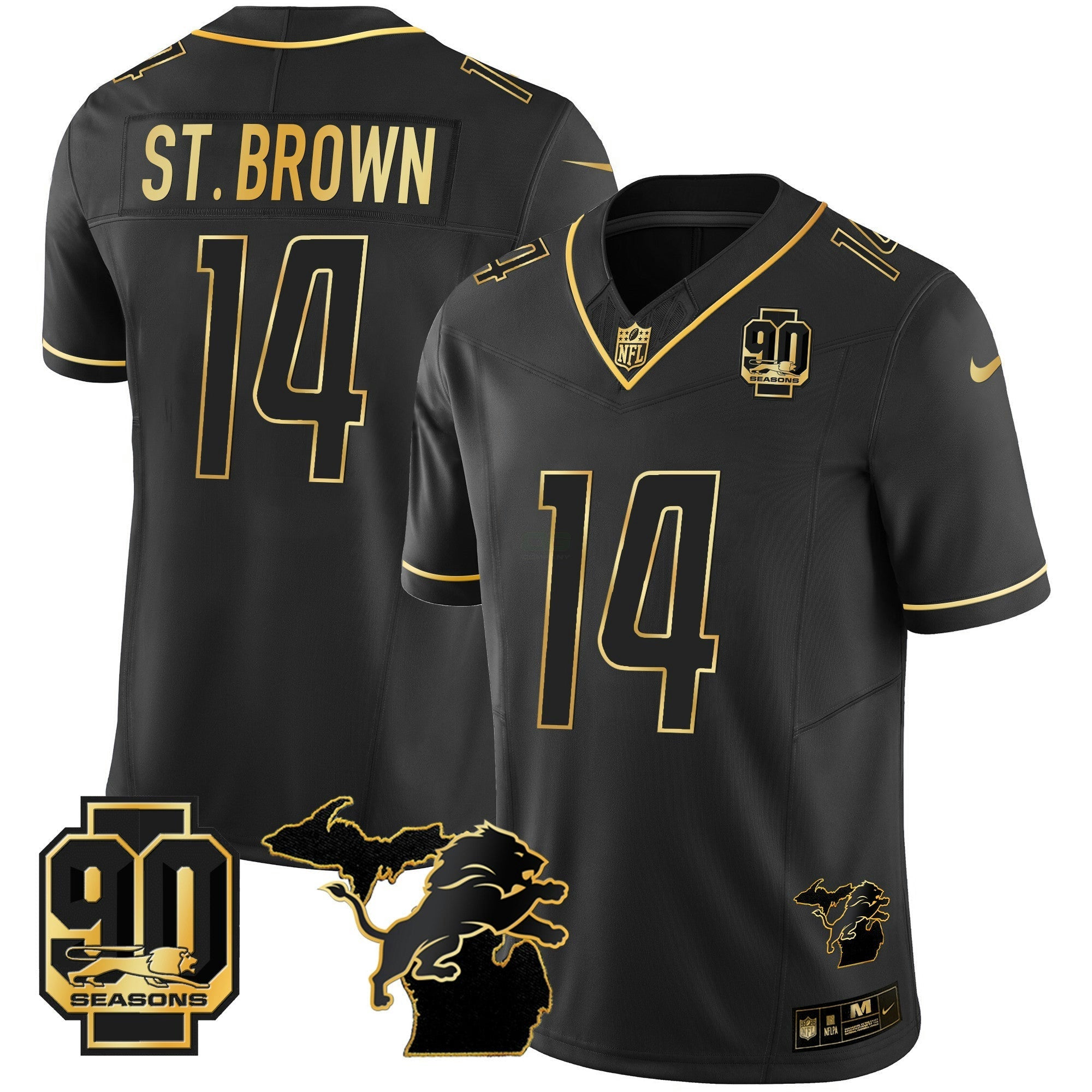 Camisa NFL Men’s Detroit 90th Year & Michigan Patch Dourada Vapor Jersey