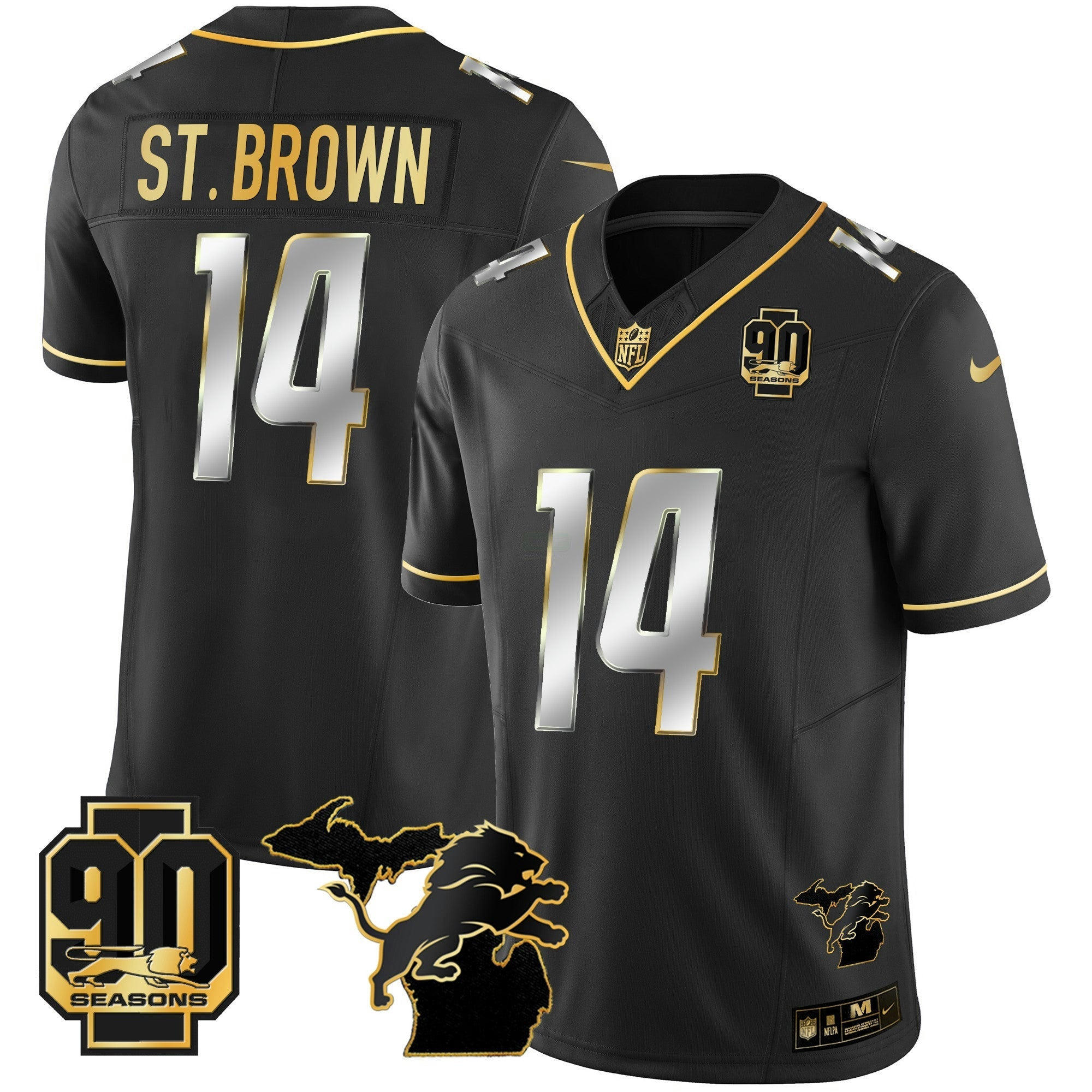 Camisa NFL Men’s Detroit 90th Year & Michigan Patch Dourada Vapor Jersey