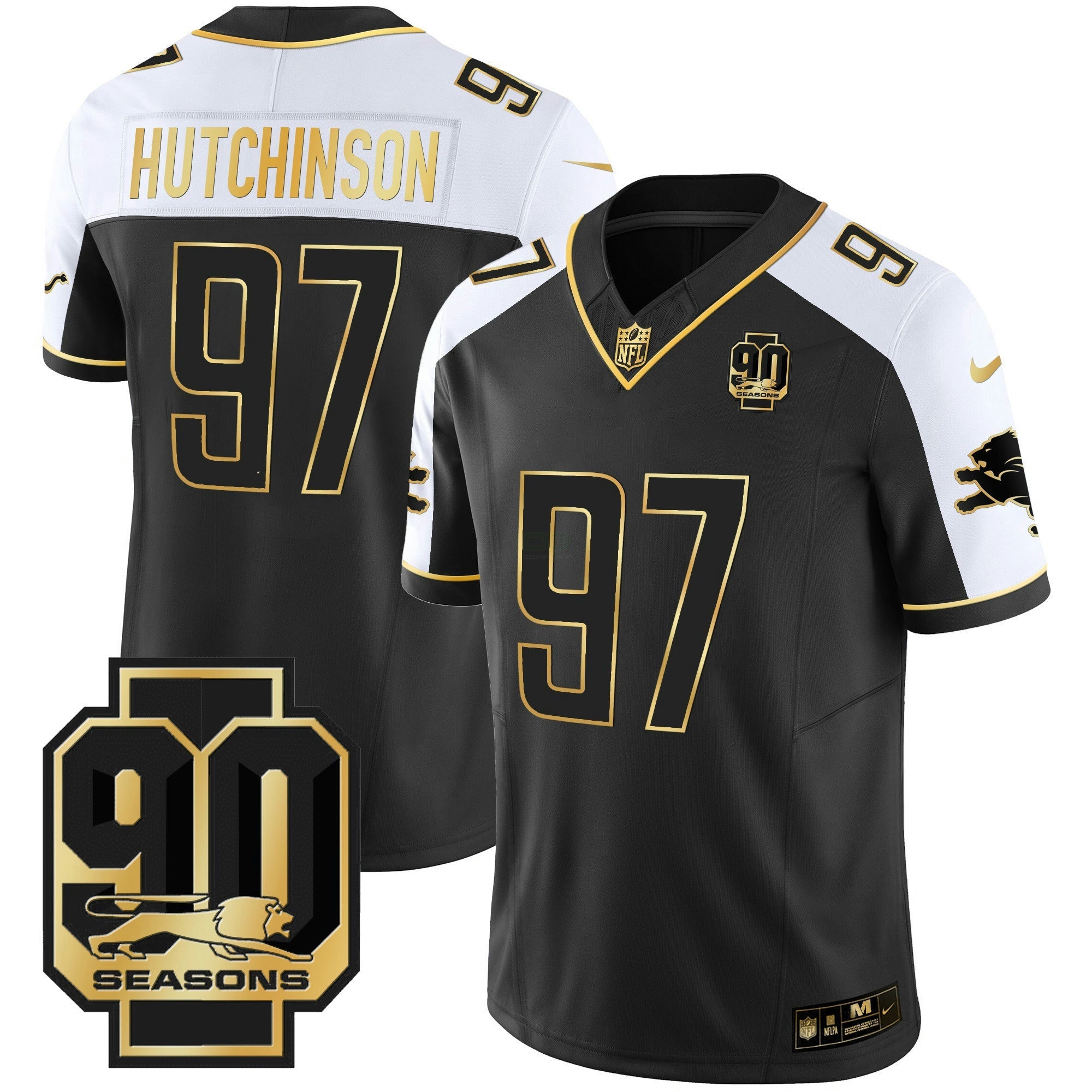 Camisa NFL Men’s Detroit 90th Year Patch Dourada Jersey