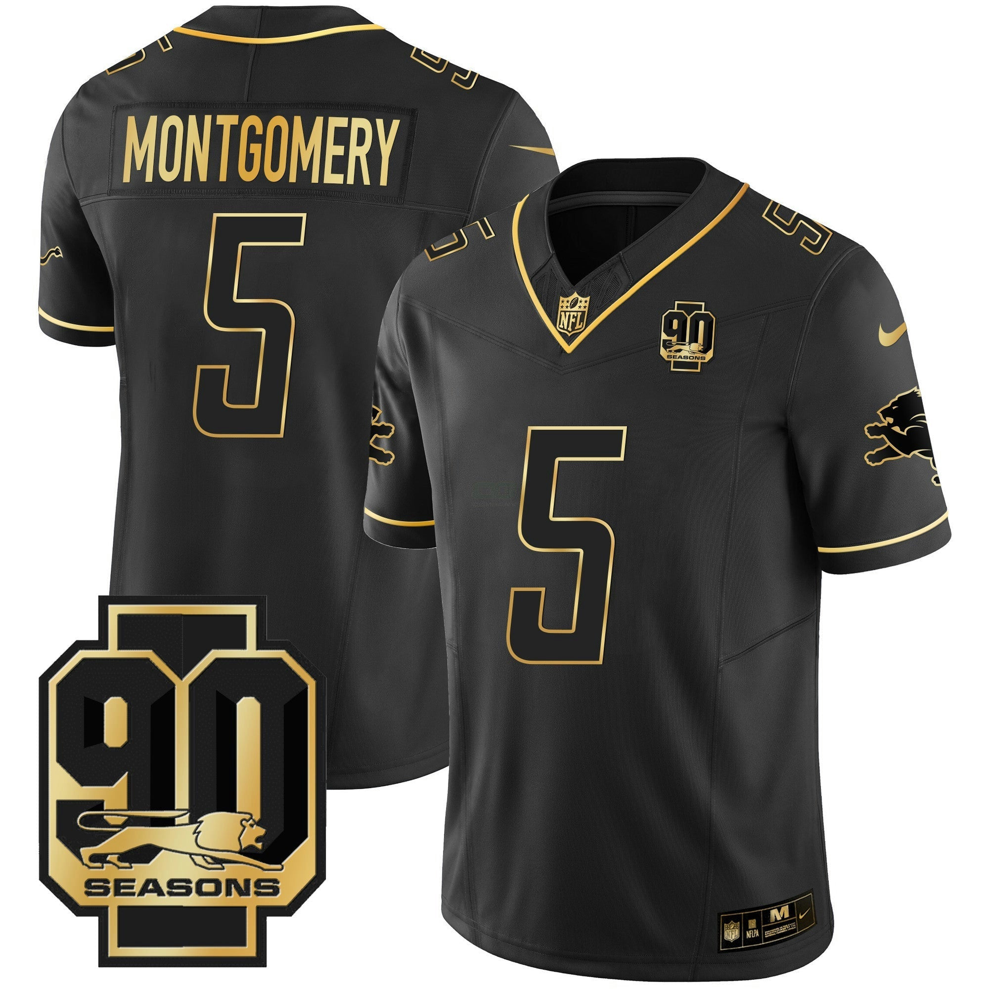 Camisa NFL Men’s Detroit 90th Year Patch Dourada Jersey