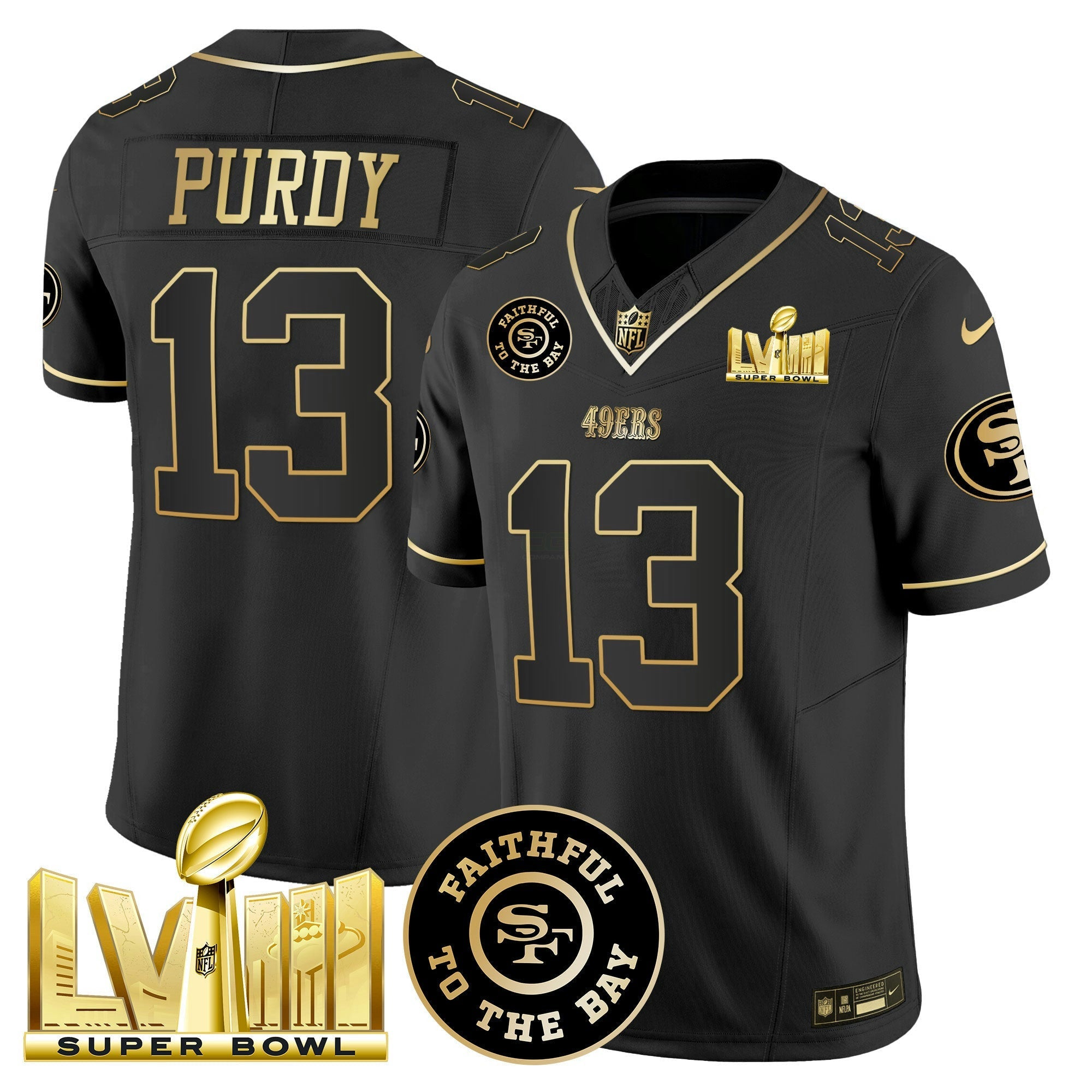 Camisa NFL Men’s Faithful & Super Bowl LVIII Dourada Patch Vapor Jersey V2