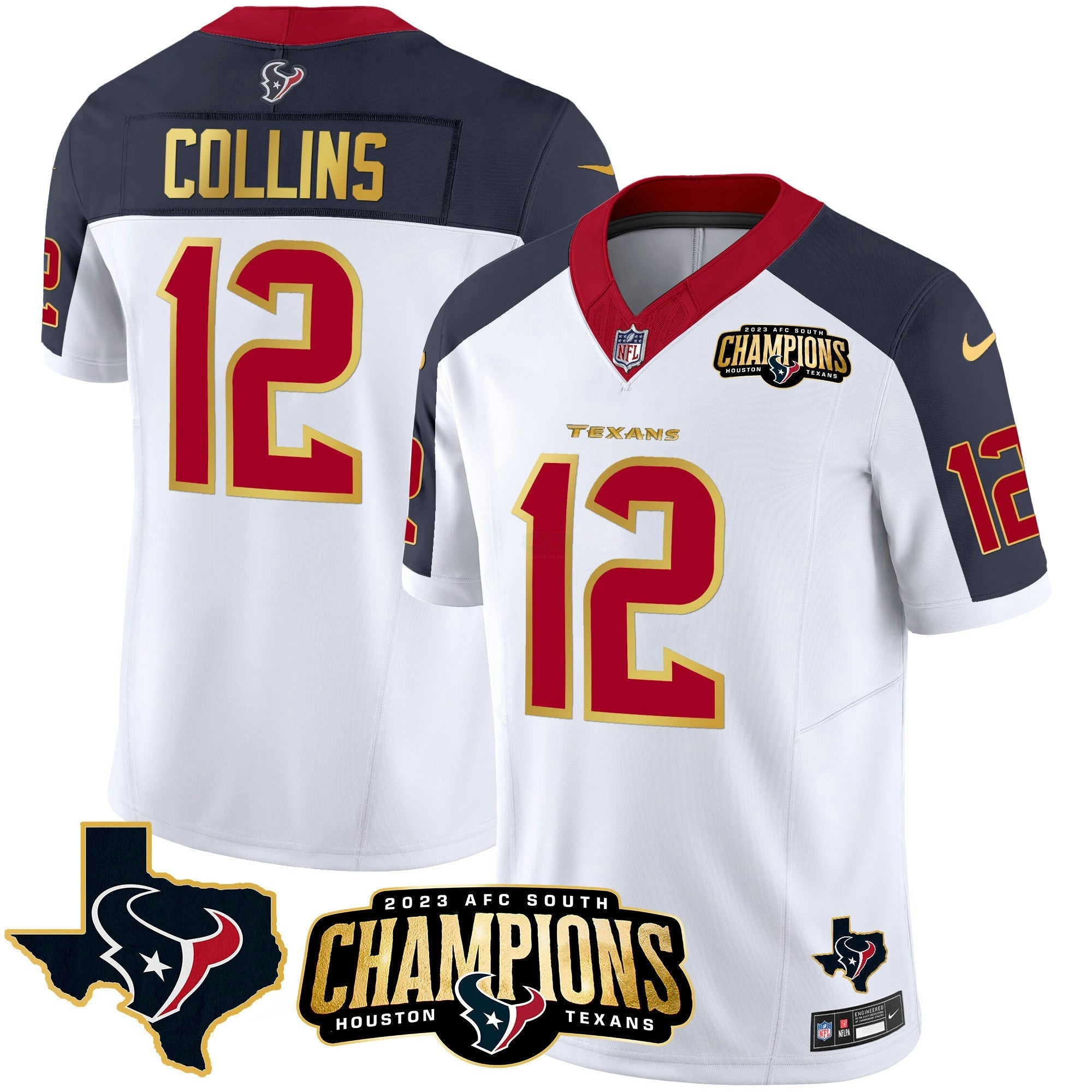 Camisa NFL Men’s Houston 2023 AFC South Champions Patch Dourada Trim Vapor Jersey