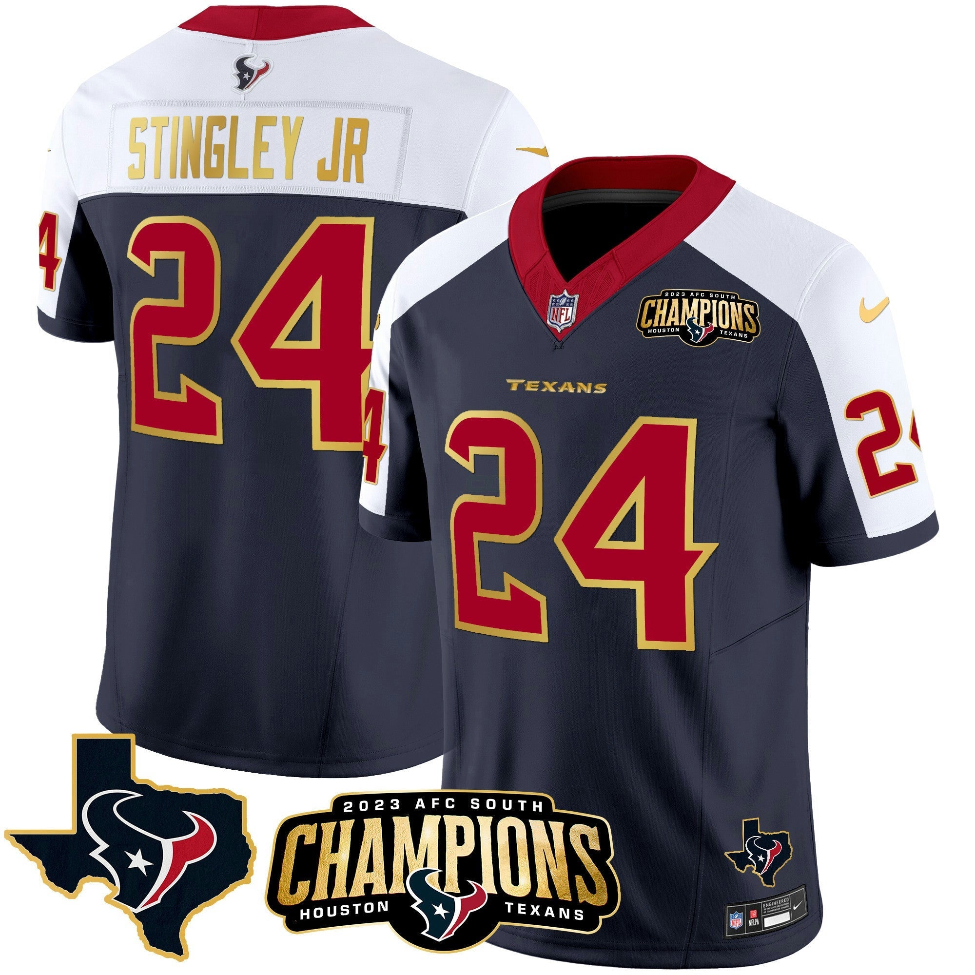 Camisa NFL Men’s Houston 2023 AFC South Champions Patch Dourada Trim Vapor Jersey