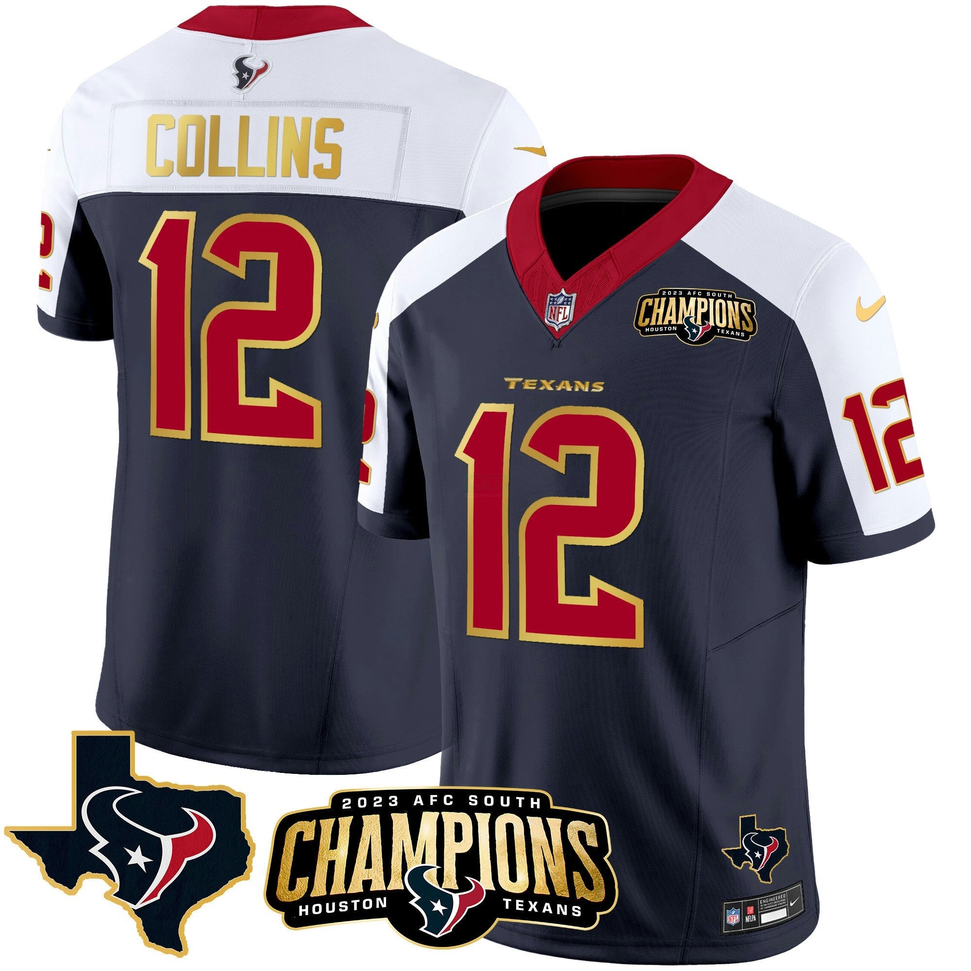 Camisa NFL Men’s Houston 2023 AFC South Champions Patch Dourada Trim Vapor Jersey