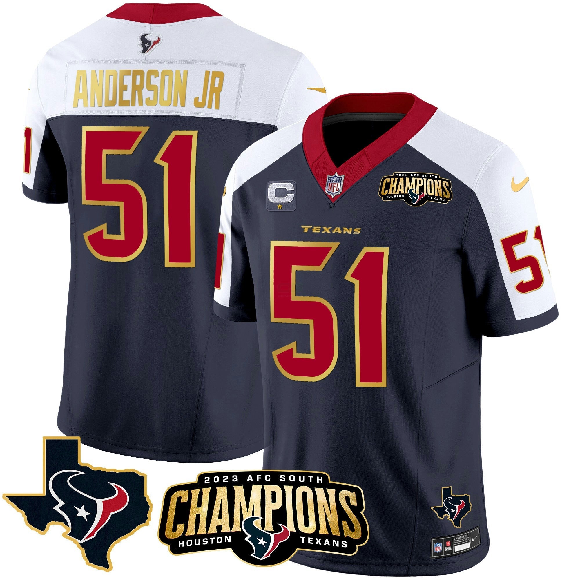 Camisa NFL Men’s Houston 2023 AFC South Champions Patch Dourada Trim Vapor Jersey