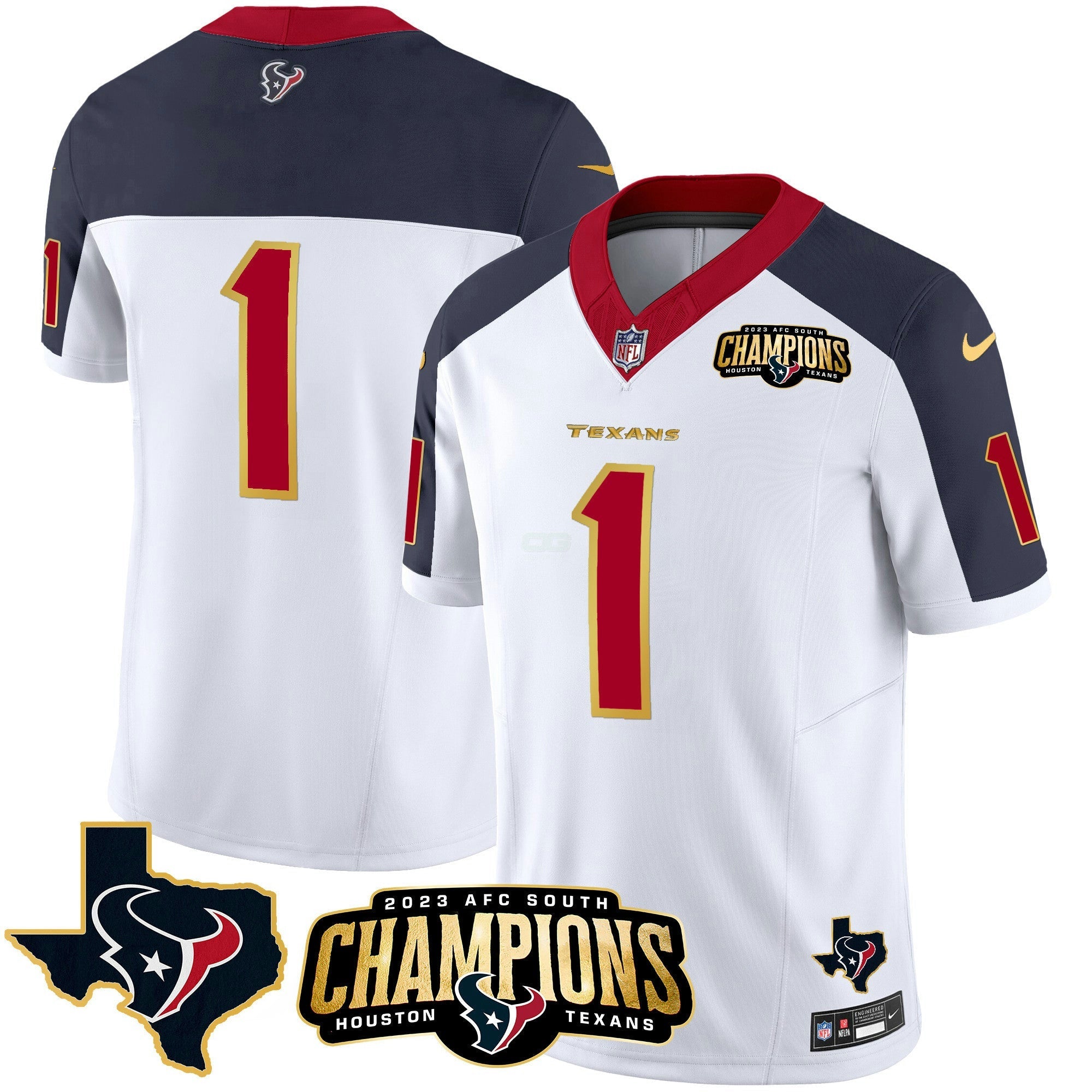 Camisa NFL Men’s Houston 2023 AFC South Champions Patch Dourada Trim Vapor Jersey